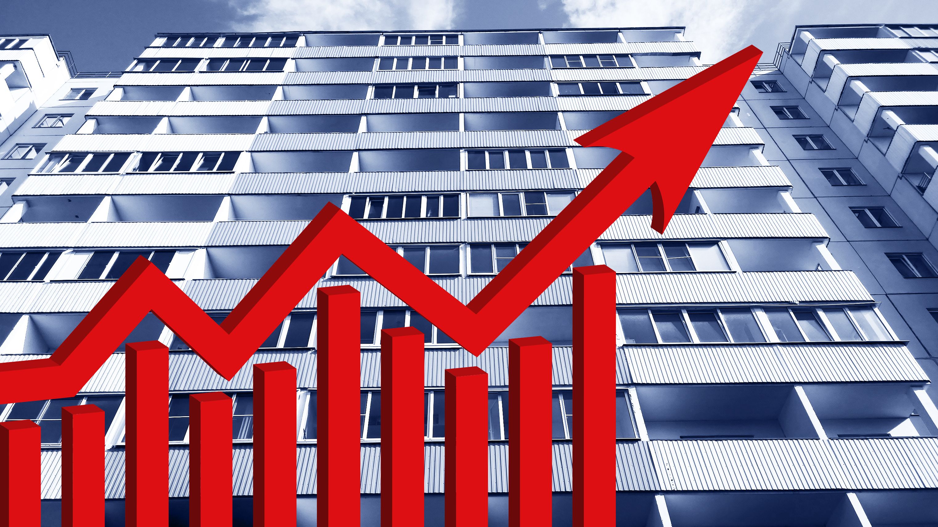 Red growing up arrow on residential building background. Rising prices for purchase, sale, rental of real estate. Flat. Graph. Interest Rate Increases. Mortgage. Inflation concept. Stock market data.