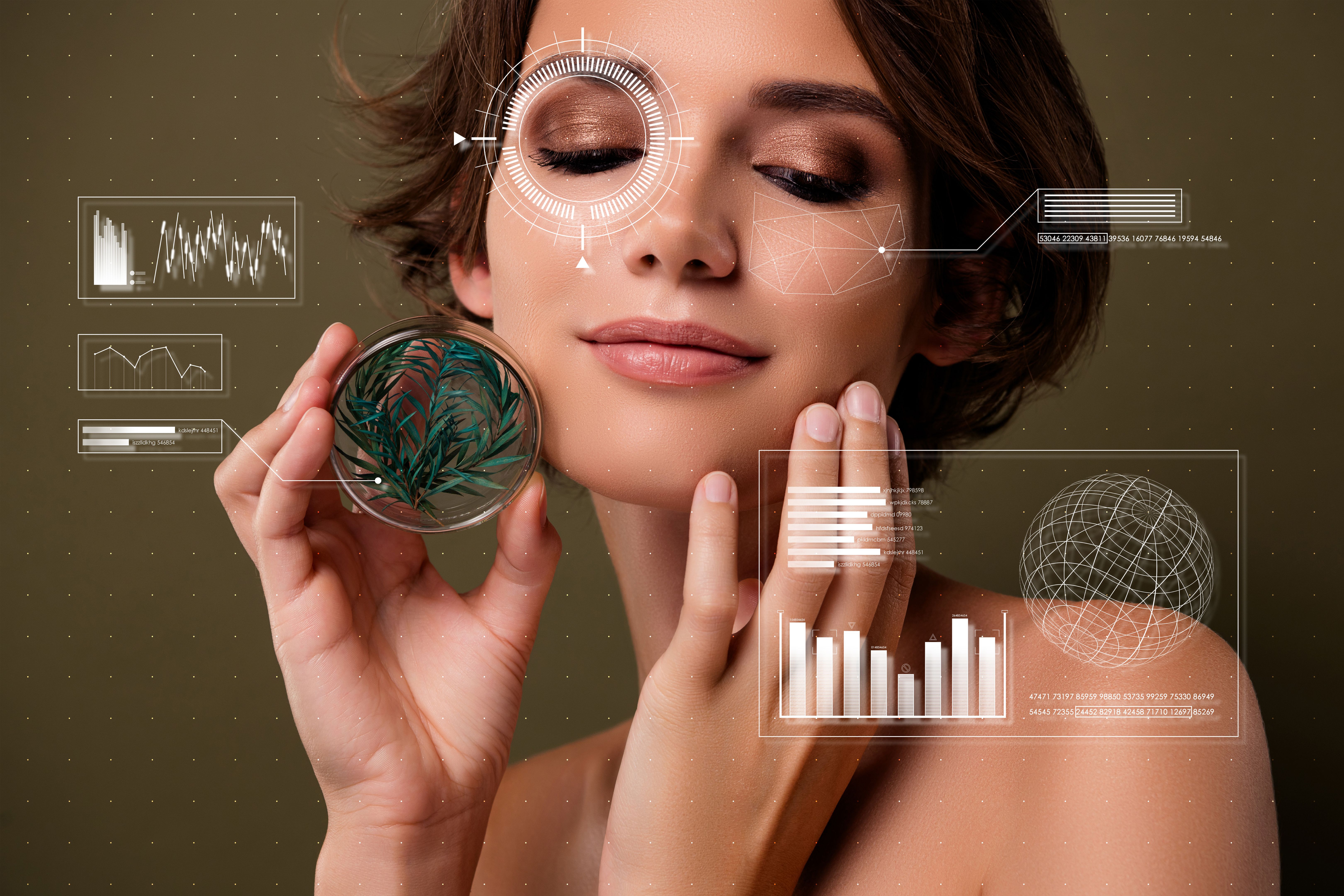Surreal digital virtual collage of lady touch face hold flower flask using new lad product on khaki background