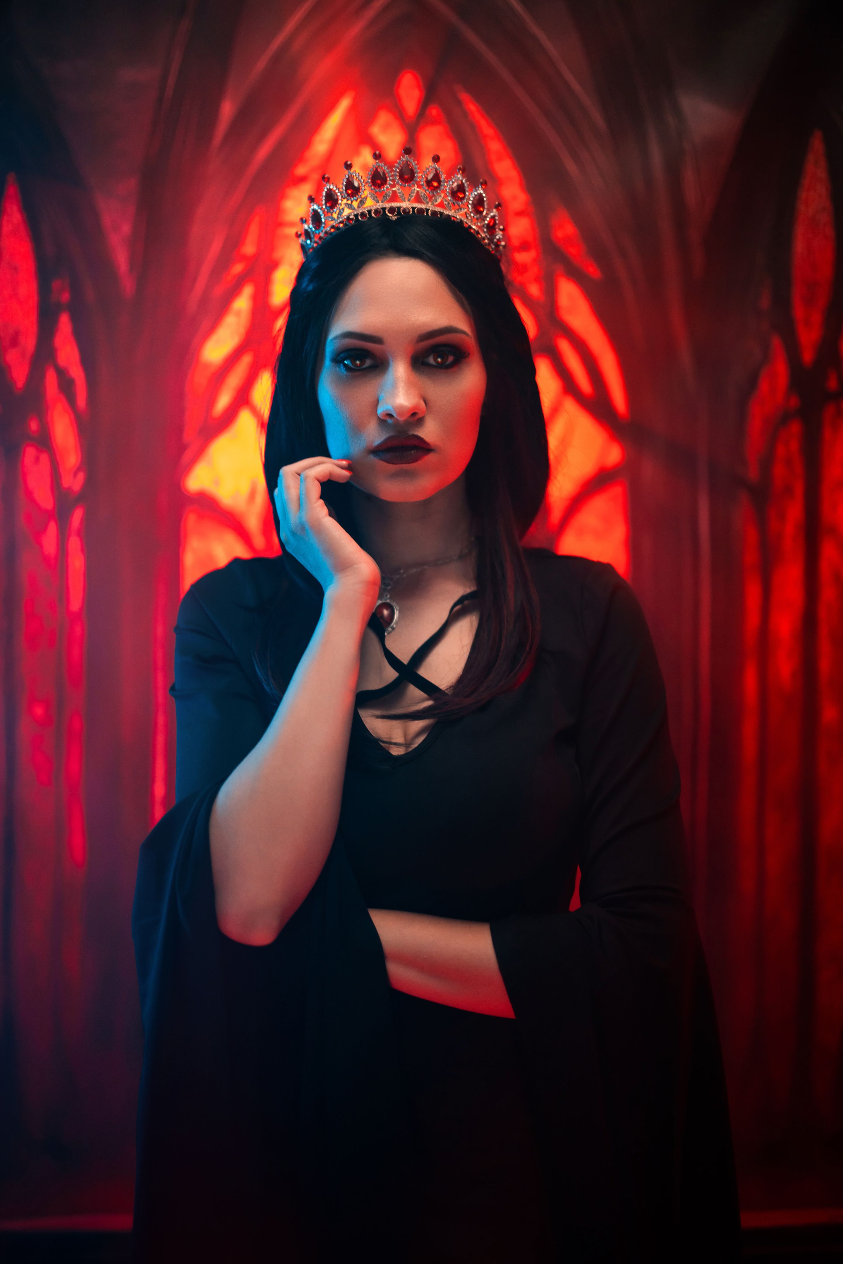 Portrait Of A Female Vampire In A Castle Under Red Lights