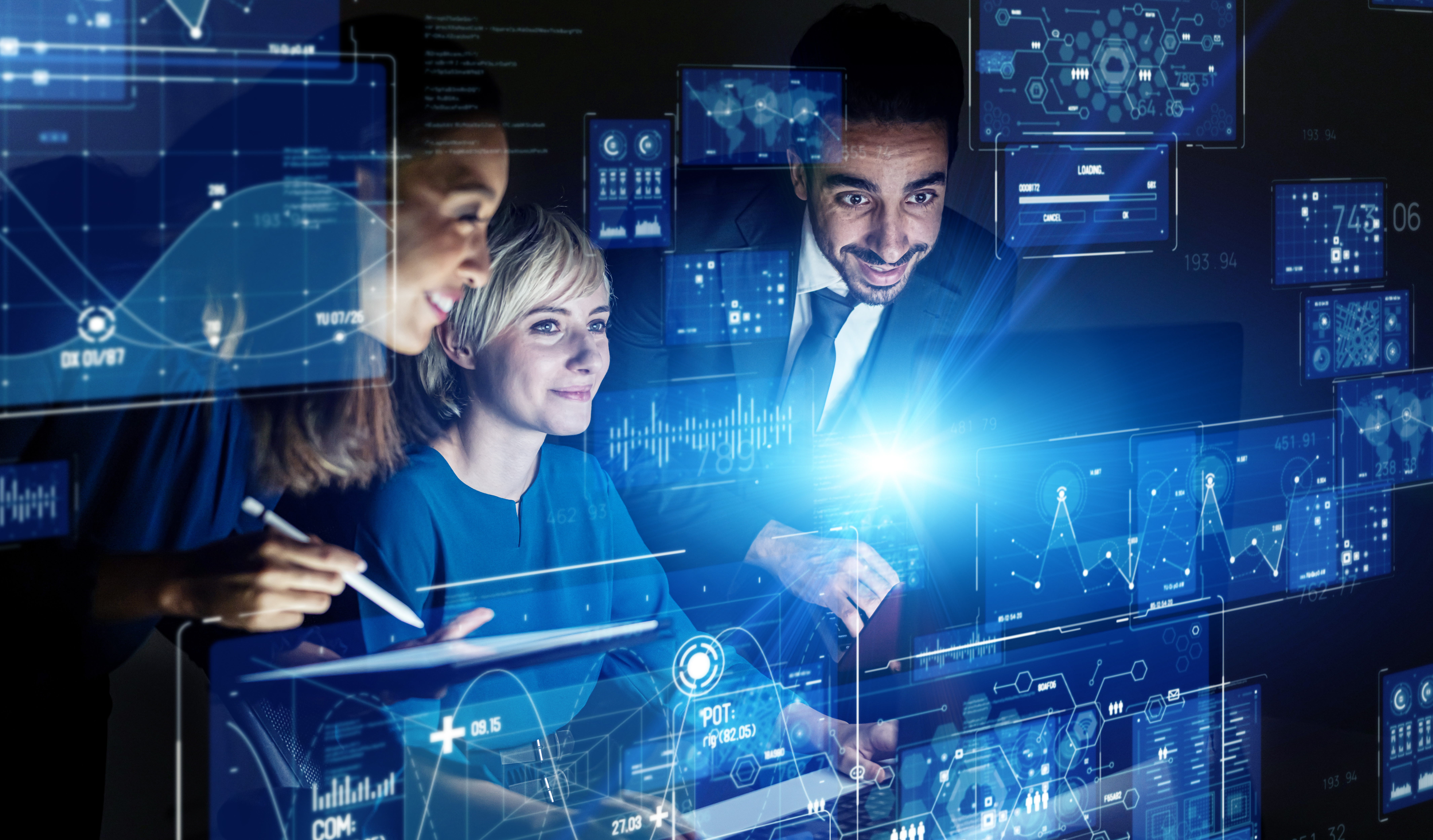 Group of engineer in office. GUI (Graphical User Interface). HUD (Heads up Display).