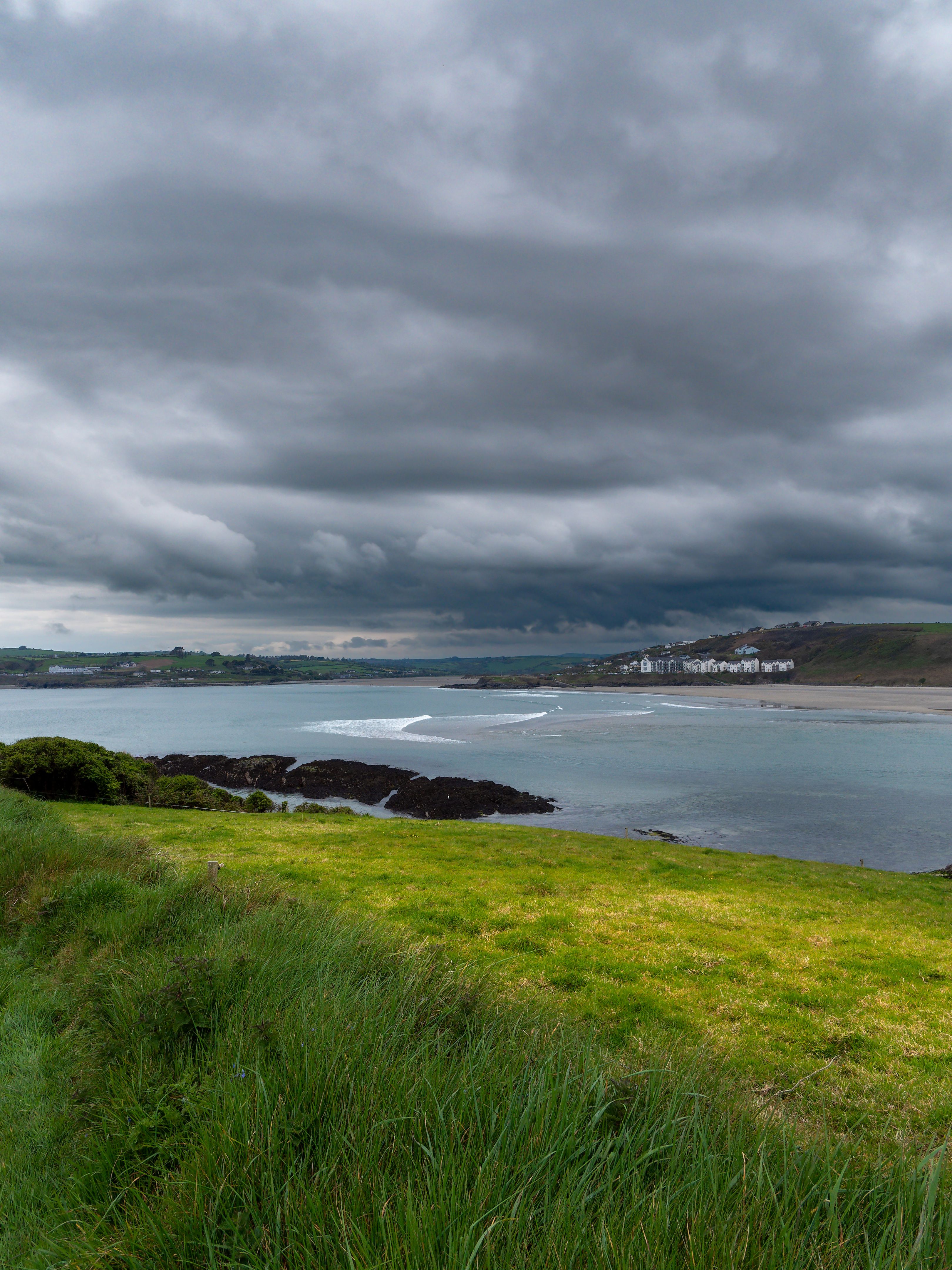 View of Clonakilty Bay. Thick grass. The coastline of the Ireland. Seaside landscape. Cloudy weather before a thunderstorm.