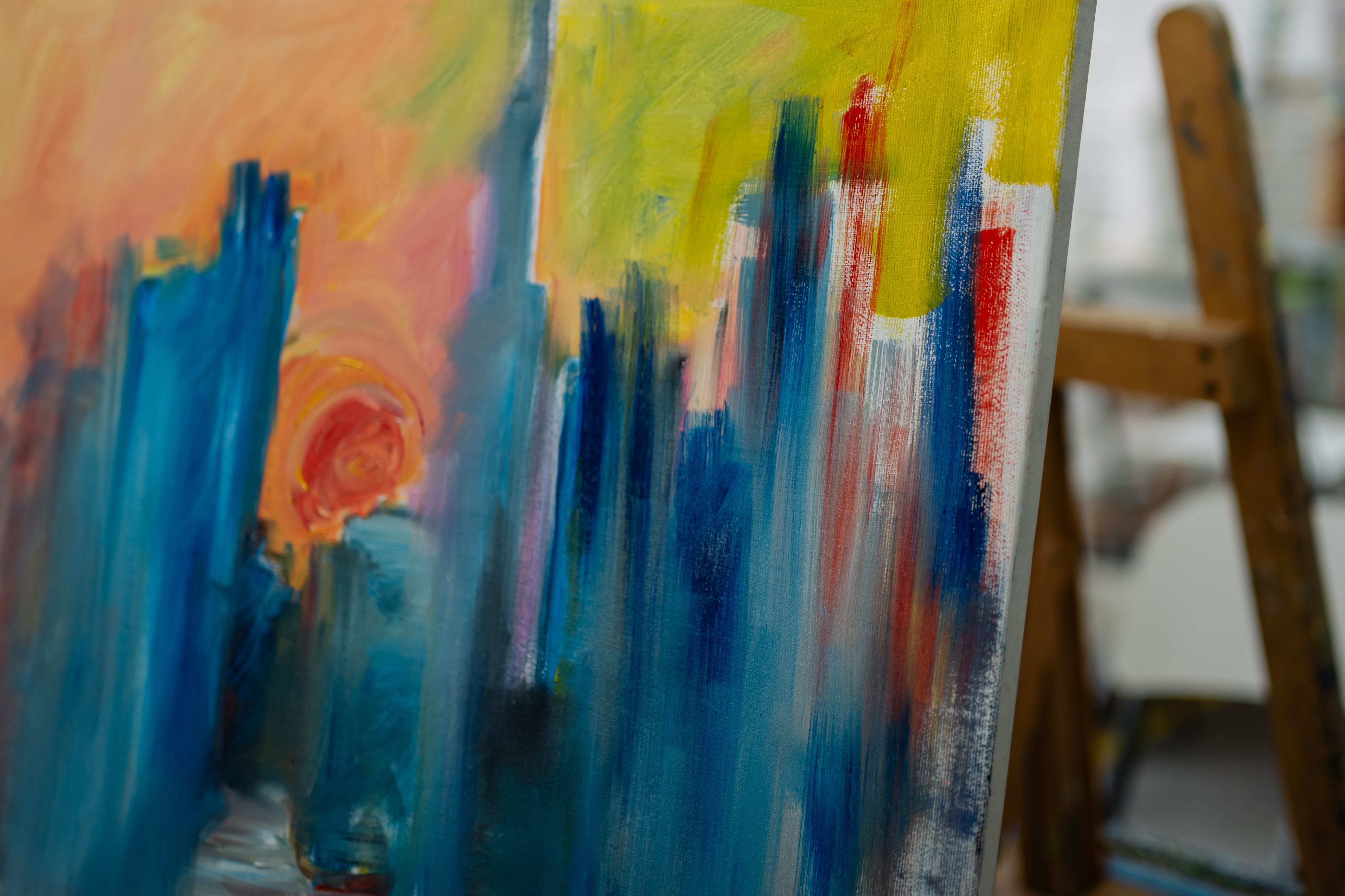 Colorful abstract painting drying in art studio Colorful abstract painting drying in art studio