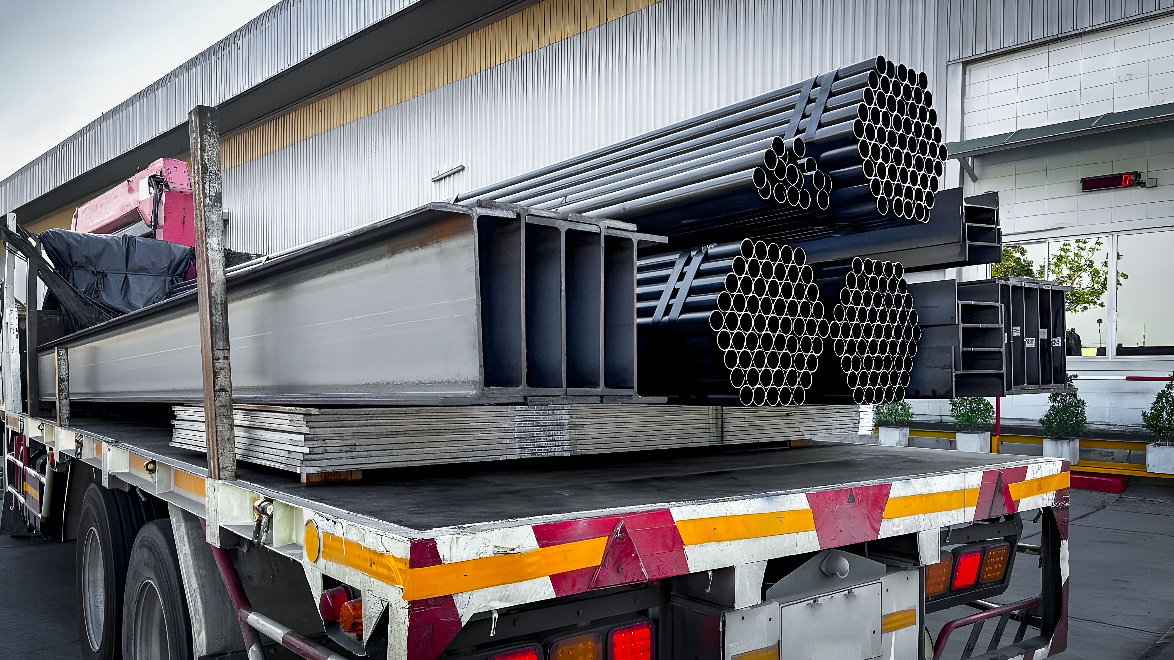 Construction steel, black pipe, metal pipe, angle iron, flat pipe, square pipe Several pipes at the construction site Examples of steel products Metal warehousing industry that ships to customers.