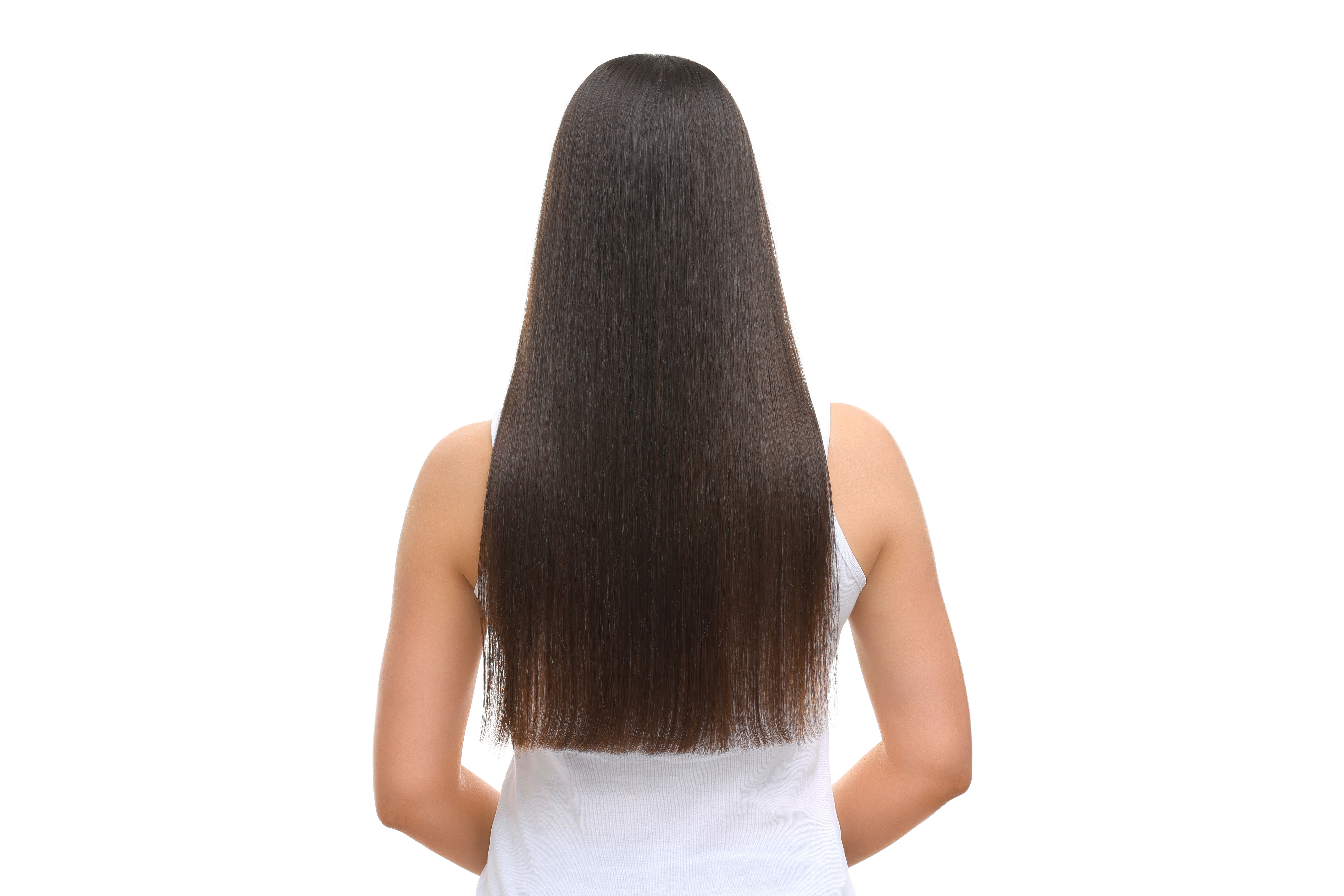 Woman with healthy hair after treatment isolated on white, back view Woman with healthy hair after treatment isolated on white, back view