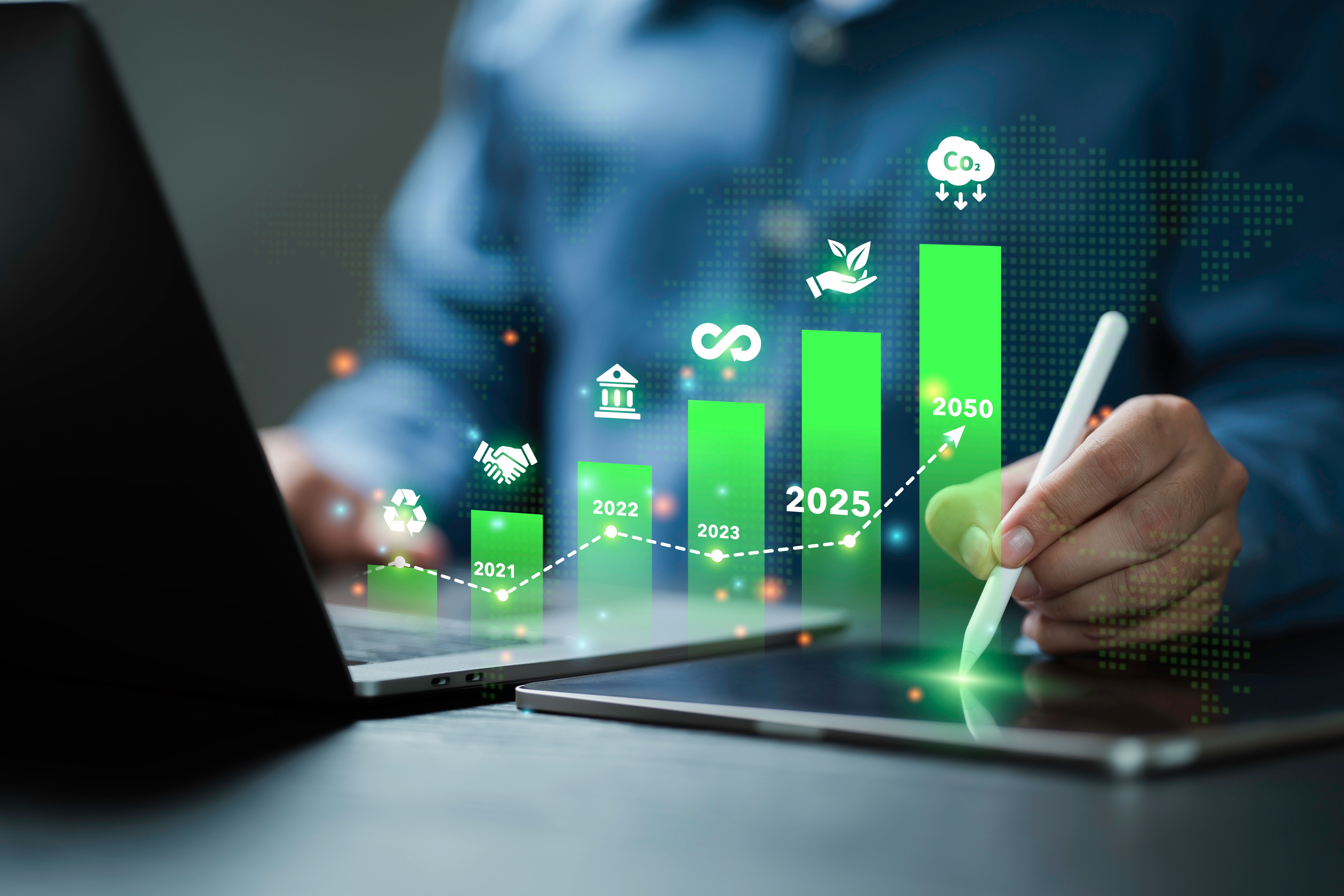Objetivo de reducción de emisiones de carbono, concepto de economía baja en carbono. Responsabilidad empresarial verde, desarrollo sostenible del medio ambiente para cero emisiones netas. Co2, Huella de carbono Gráfico del informe de emisiones.