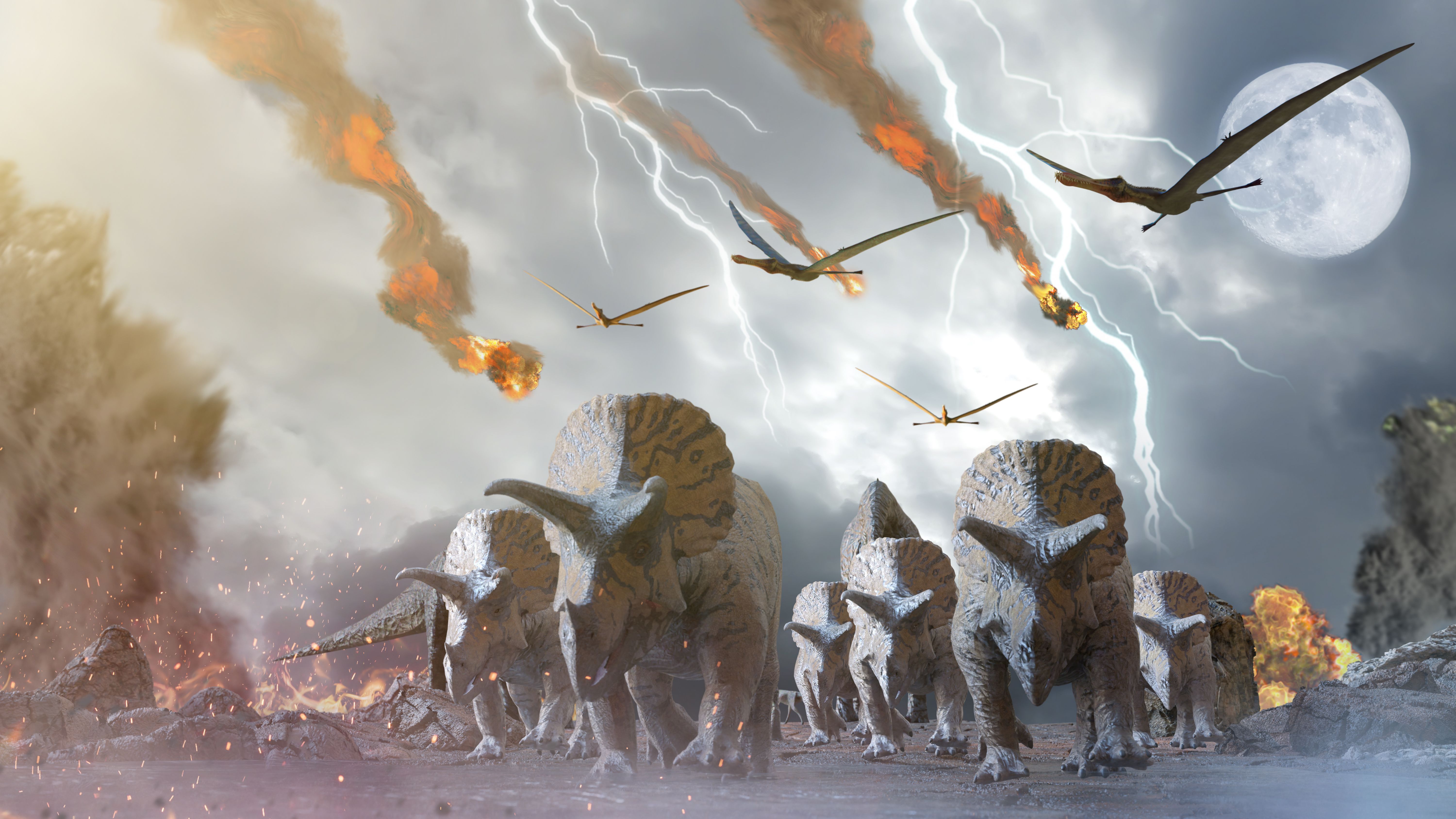 concept destruction of dinosaurs by a falling   meteorite, 3d render