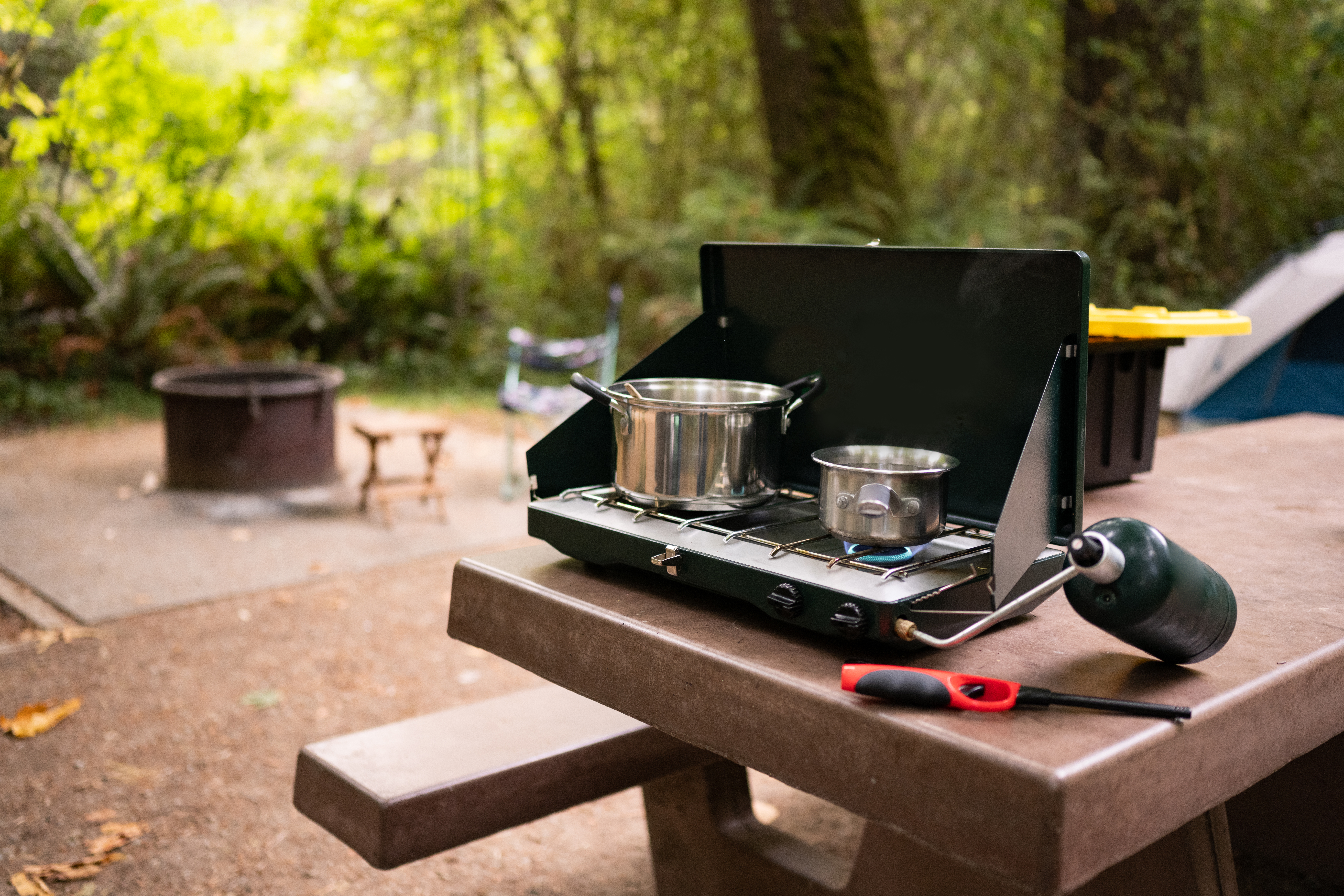 Camp Stove Cooking Setup in Redwood National Park California USA Camp Stove Cooking Setup in Redwood National Park California USA