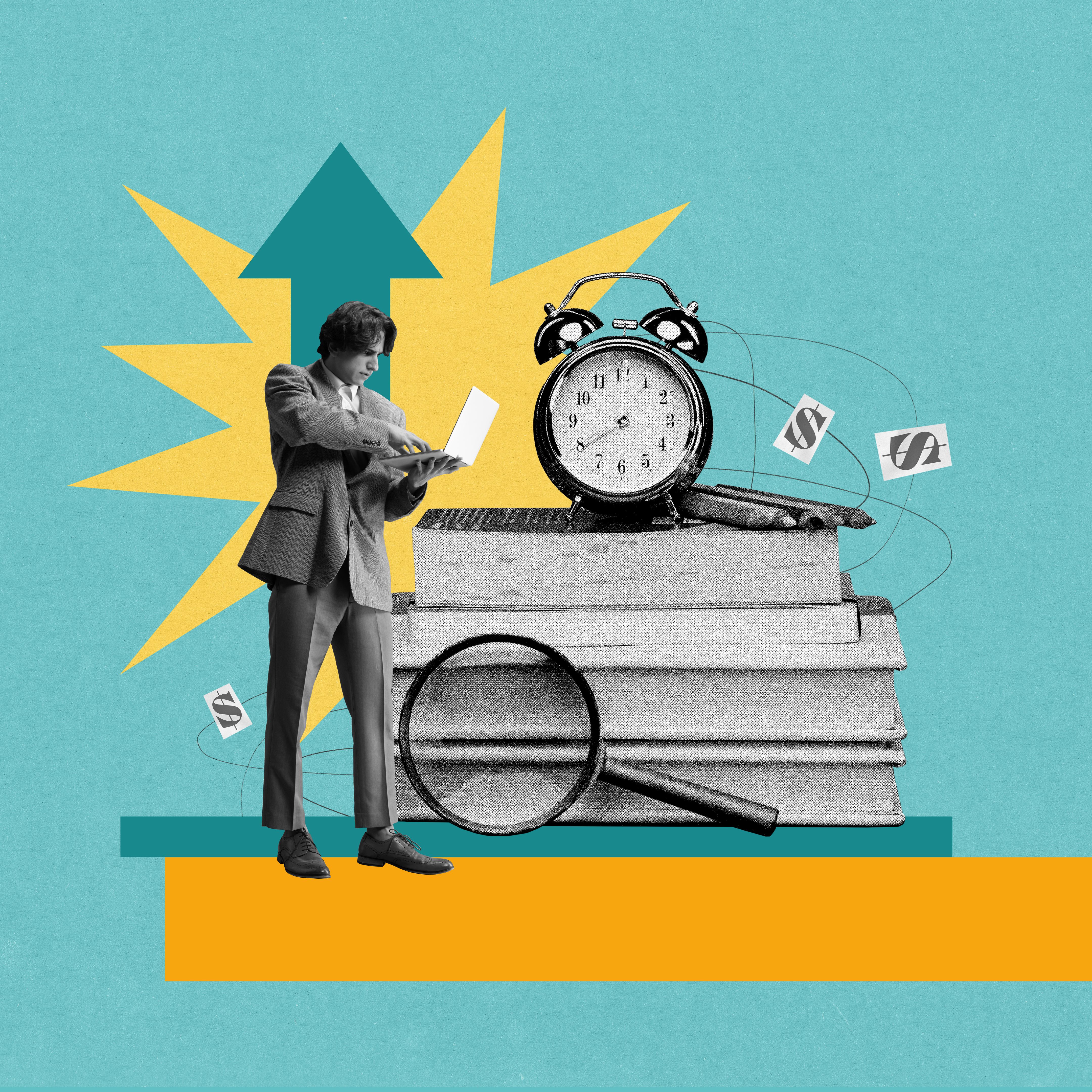 Businessman working on laptop with clock atop pile of books, highlighting time management in mastering knowledge and business strategy. Contemporary art collage.
