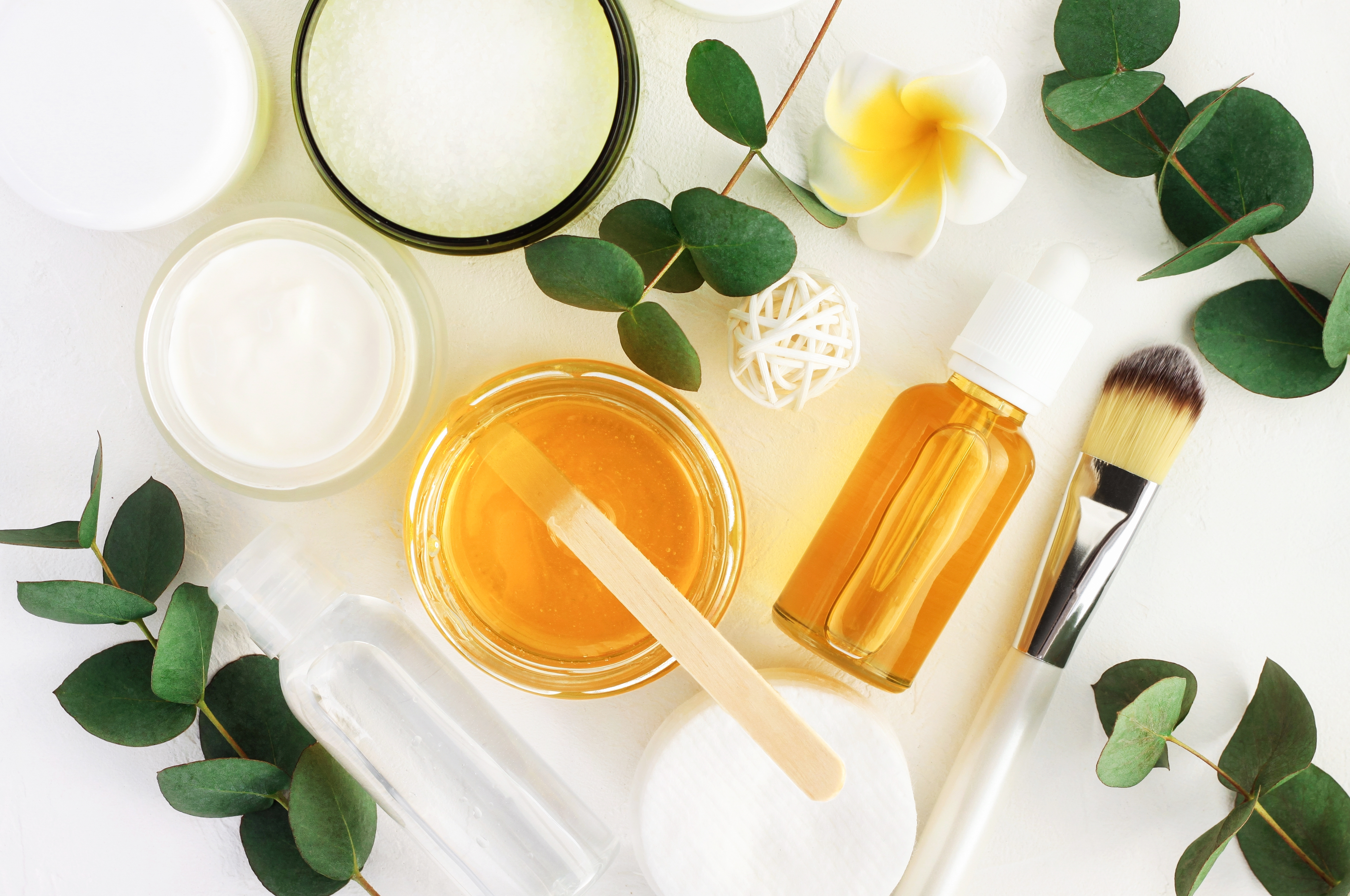 Natural cosmetics ingredients for skincare, body and hair care. Golden honey in jar and green herbal eucalyptus leaves. Natural cosmetics ingredients for skincare, body and hair care. Golden honey in jar and green herbal eucalyptus leaves.