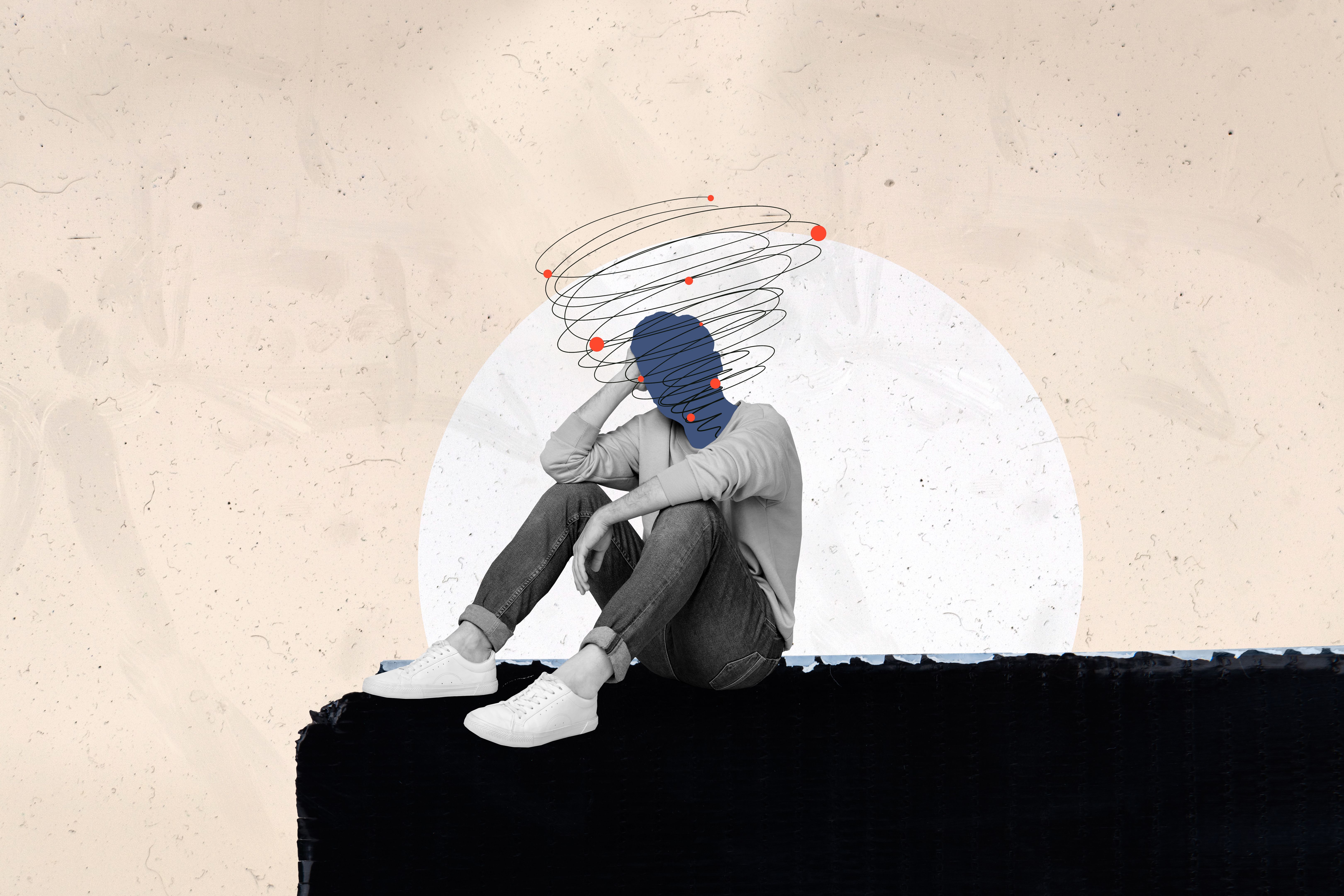 Trend artwork composite sketch image 3D photo collage of sad gut headless sit on edge cliff unhappy hold hands near head think dilemma Trend artwork composite sketch image 3D photo collage of sad gut headless sit on edge cliff unhappy hold hands near head think dilemma