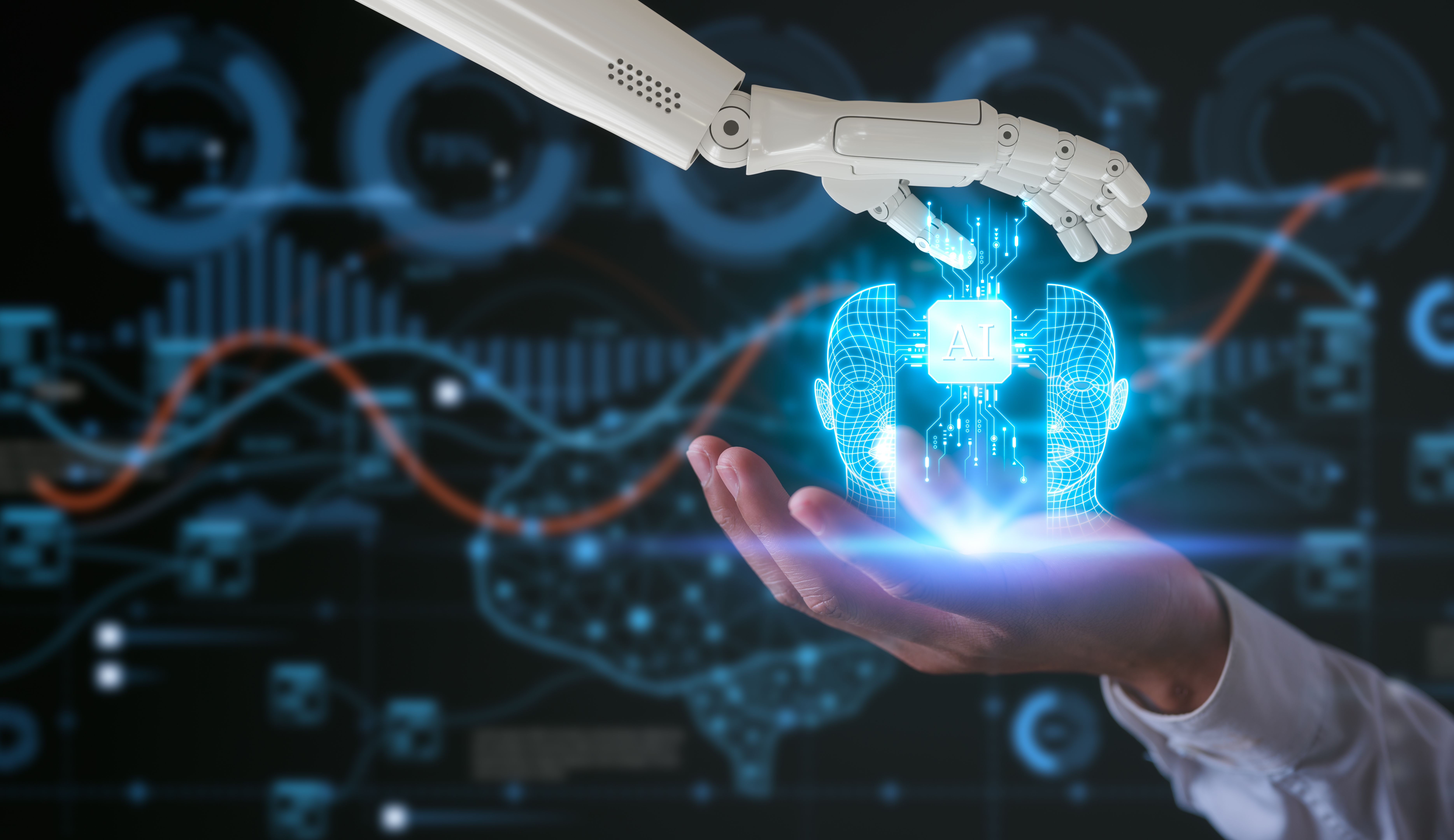 artificial intelligence AI tech concept, robot hand and man hand holding virtual ai icon on blurred ai technology background artificial intelligence AI tech concept, robot hand and man hand holding virtual ai icon on blurred ai technology background