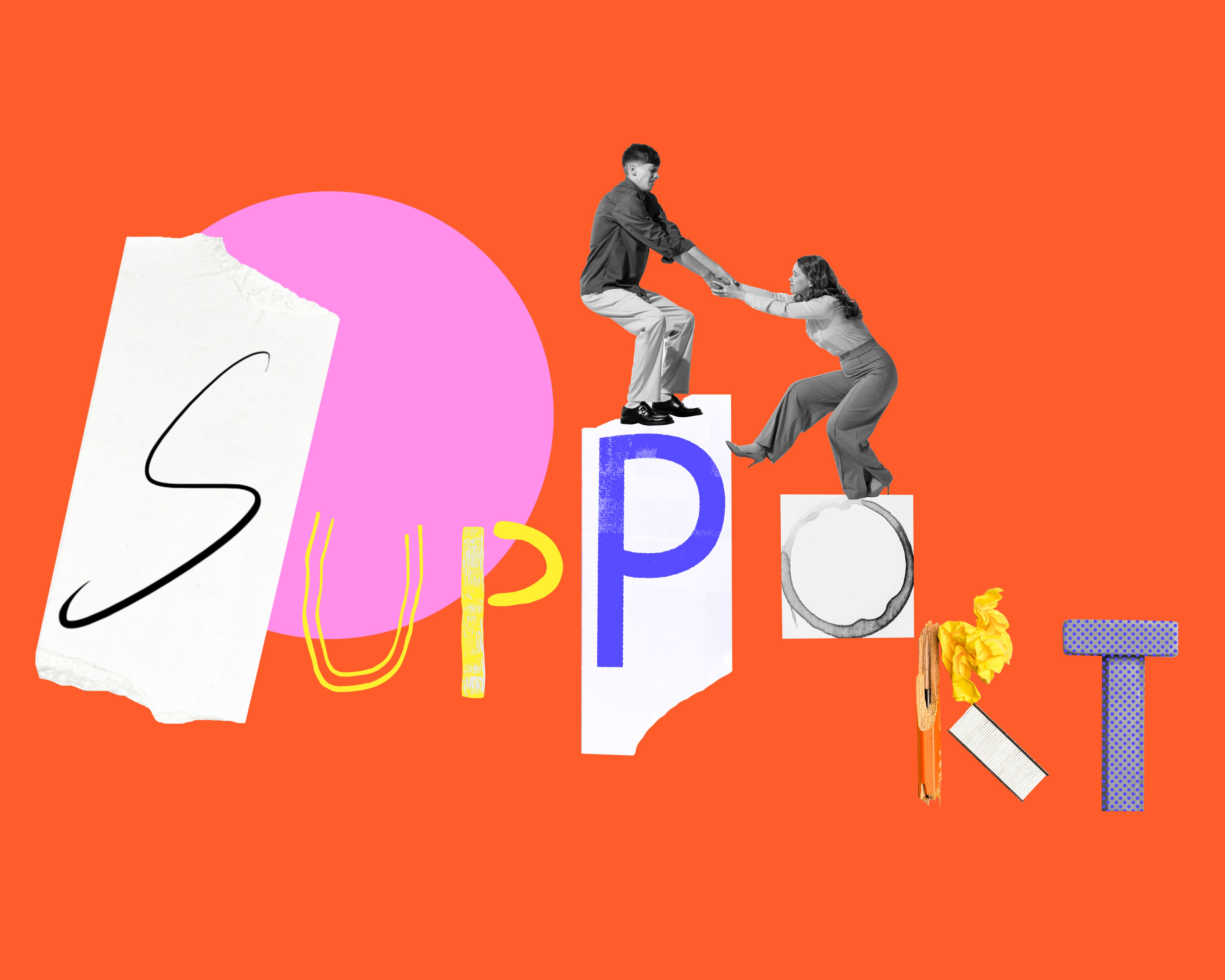 Young man, employee giving helping hand to woman. Support and assistance in professional sphere. Contemporary art collage.