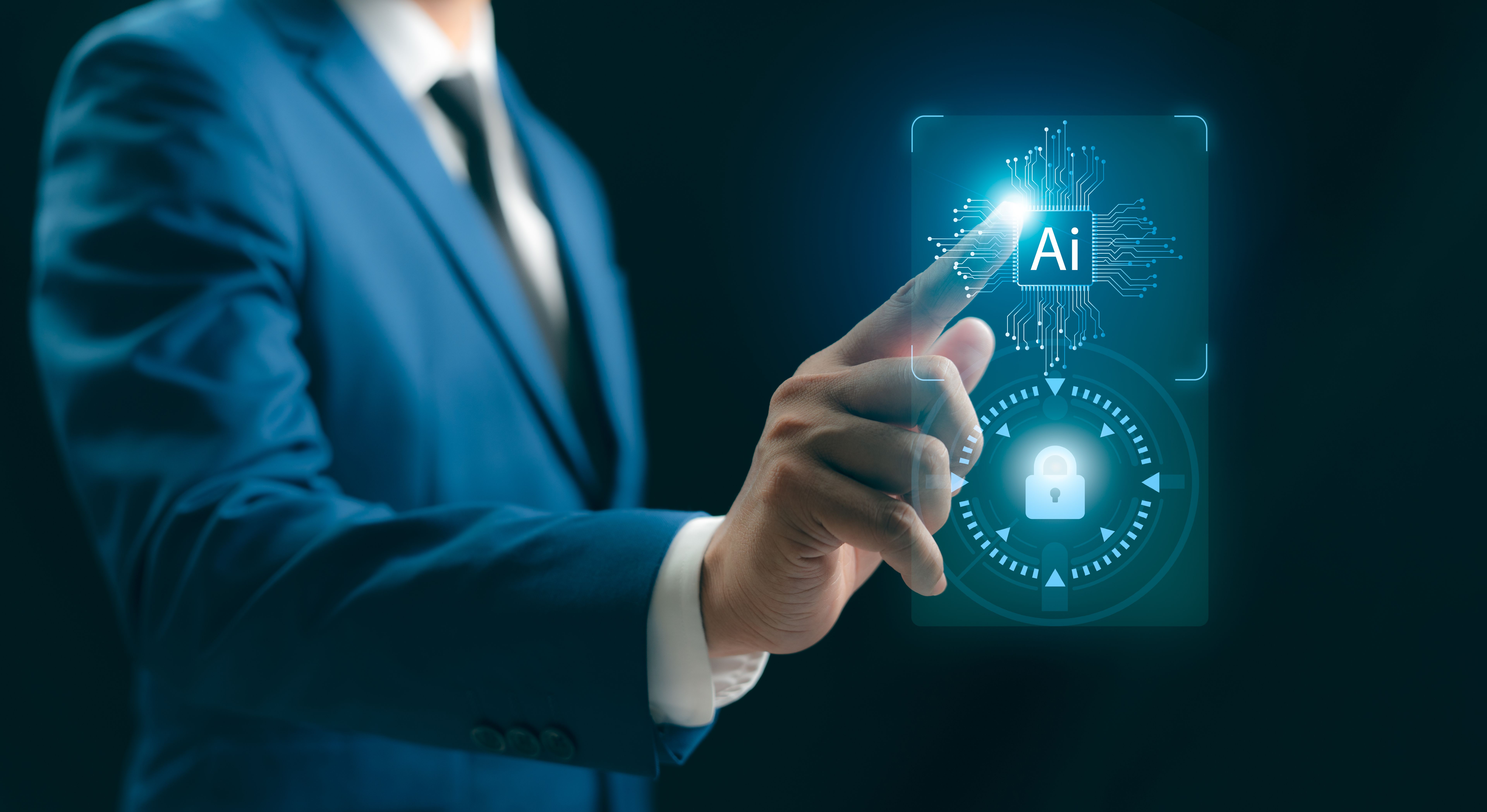 A businessman hand touches cloud AI Cyber technology security internet network data privacy concepts: Personal information, cybersecurity, secure Internet access, information security, and encryption.