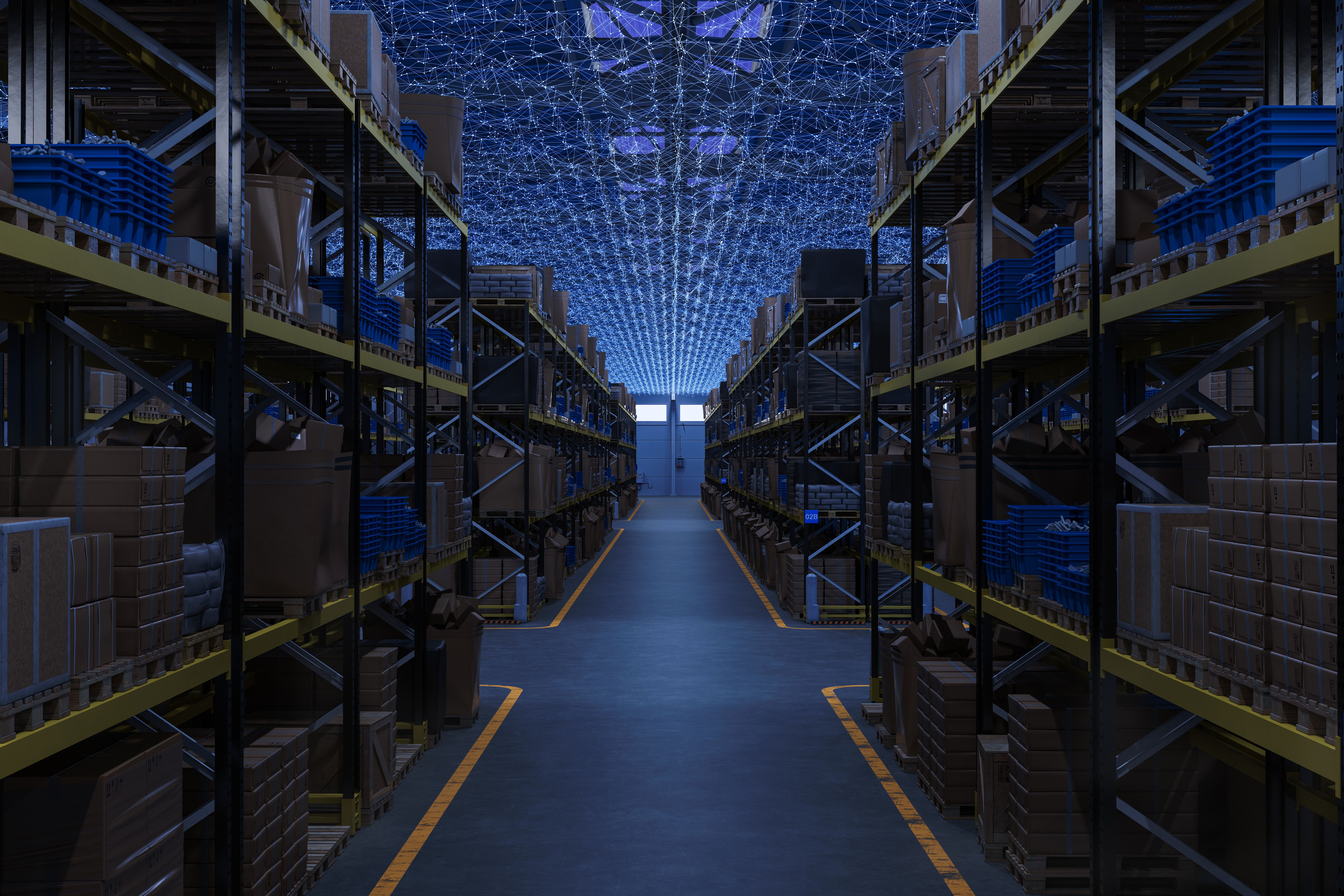 Futuristic Smart Warehouse With Digital Network Connection Above Storage Racks