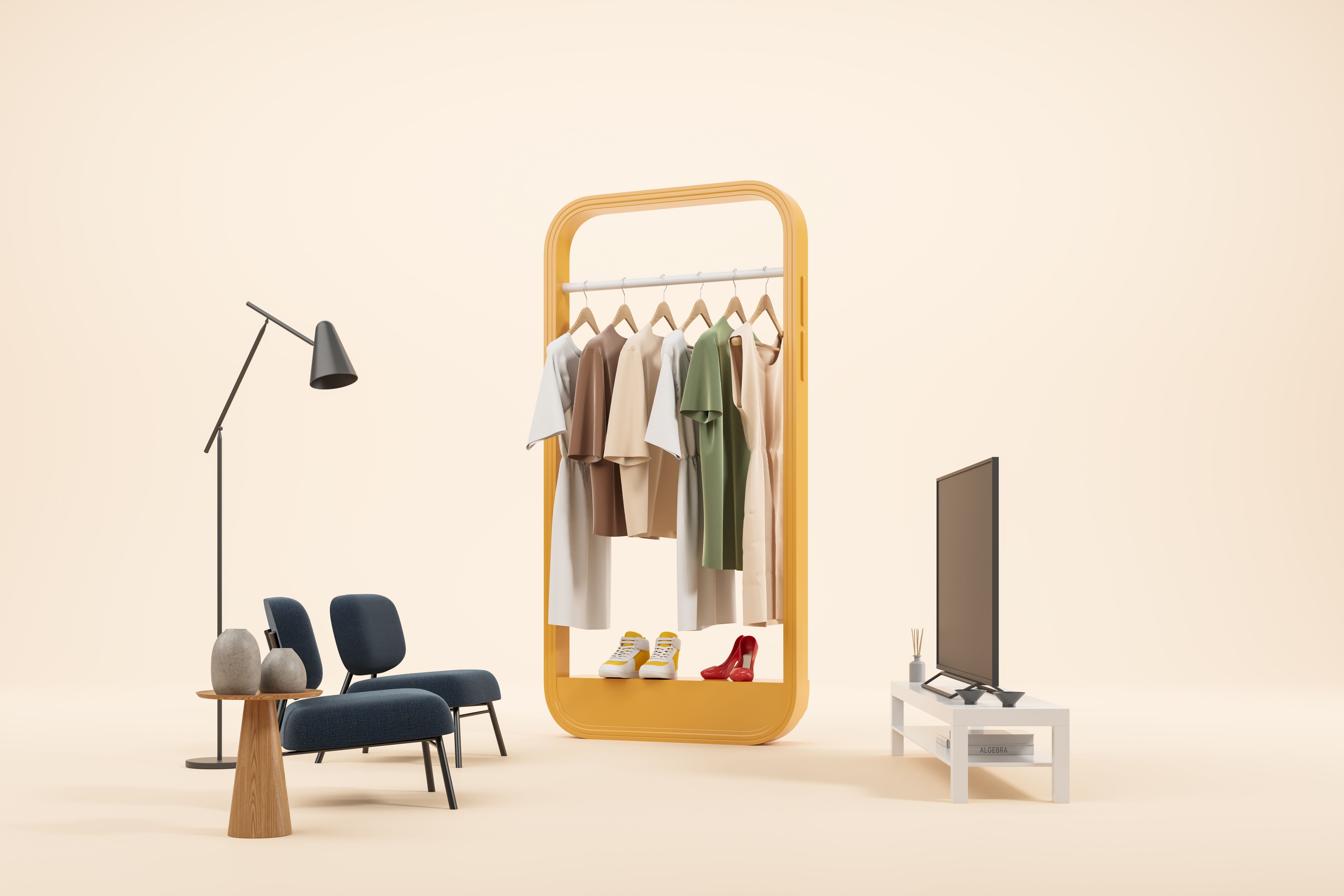 Abstract smartphone screen with clothes hanging on rail, armchairs with tv