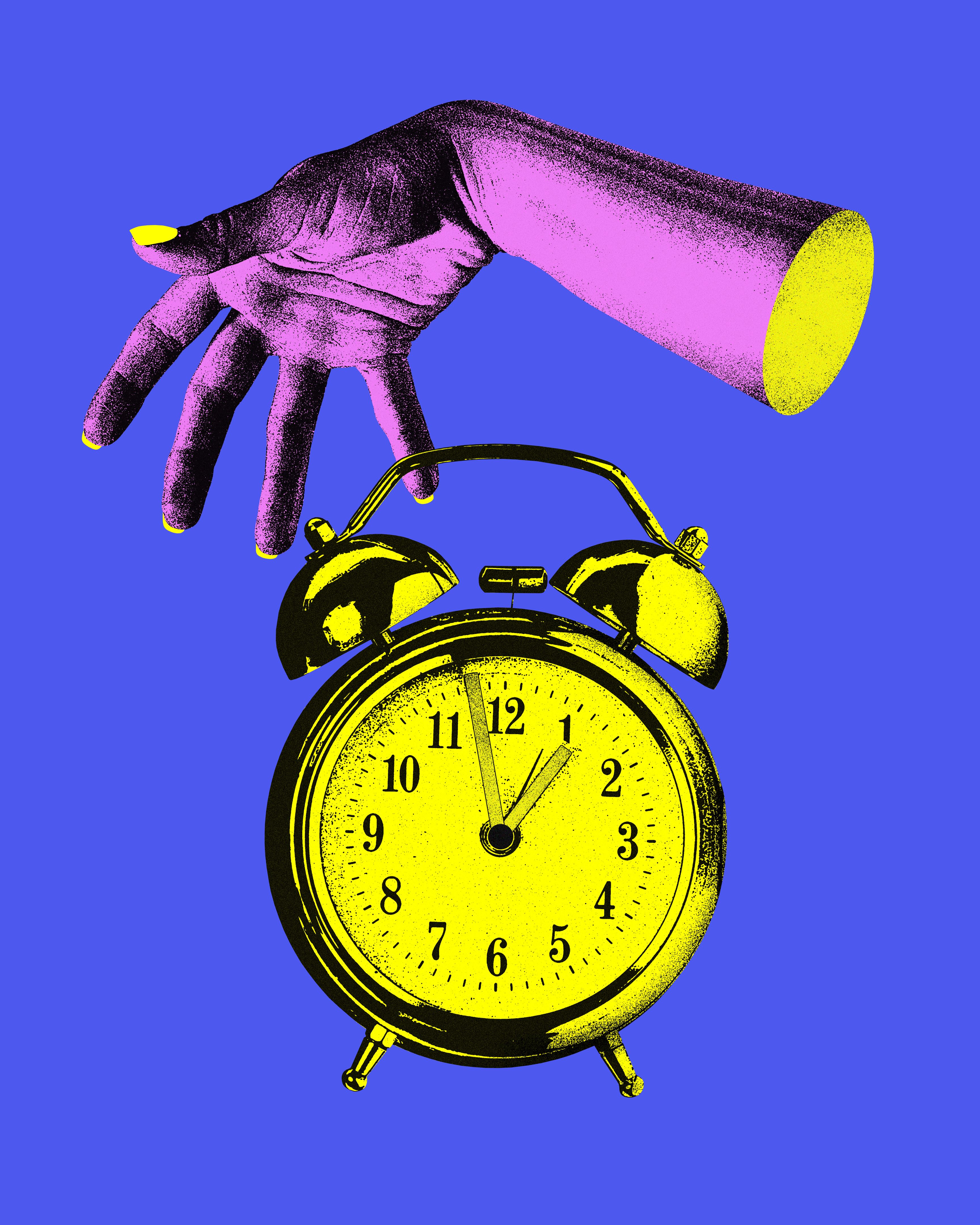 Female hand and alarm clock over blue background. Time management. Contemporary art collage.