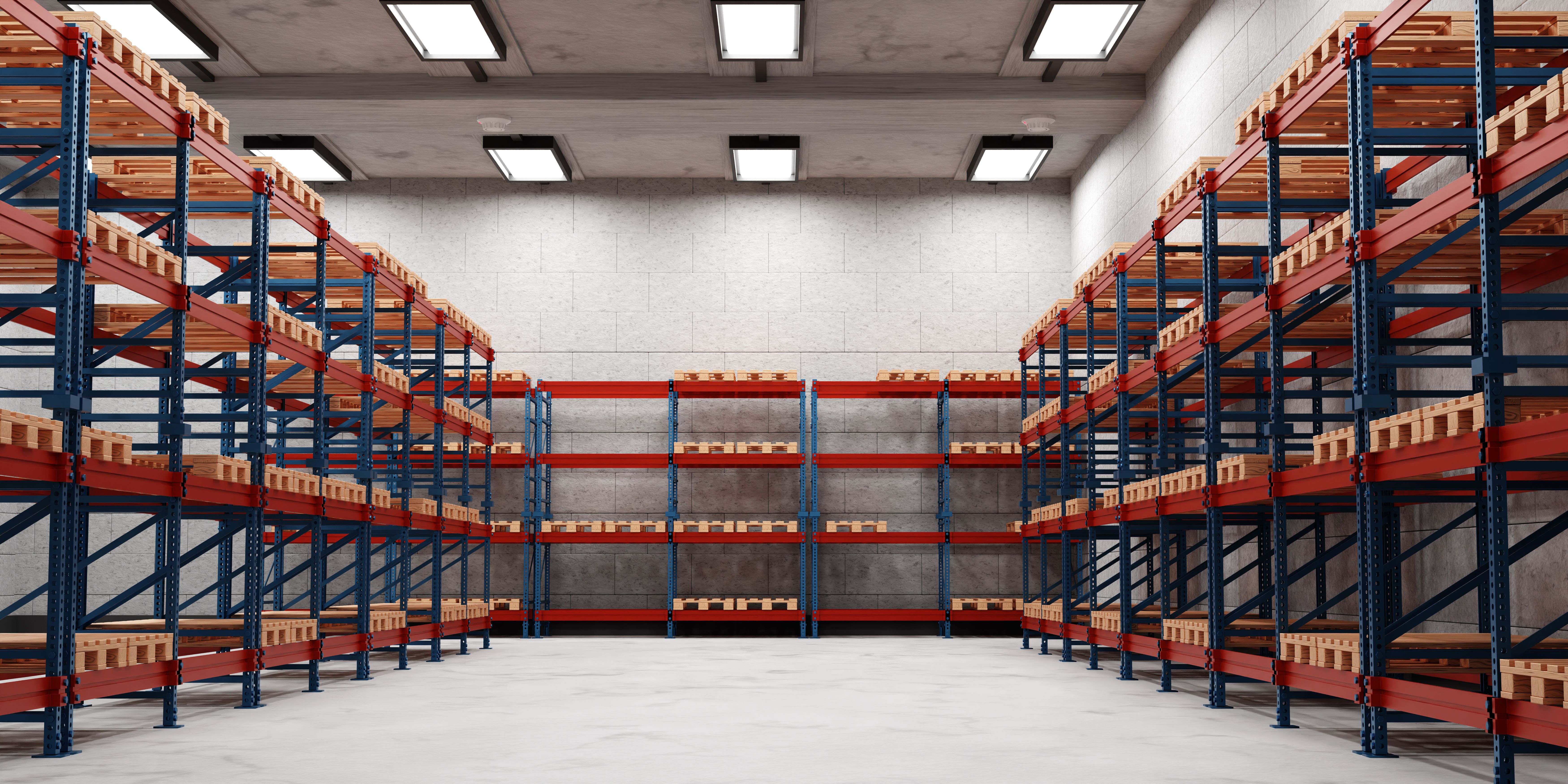 Interior of empty warehouse. Racks pallets shelves. Distribution warehouse