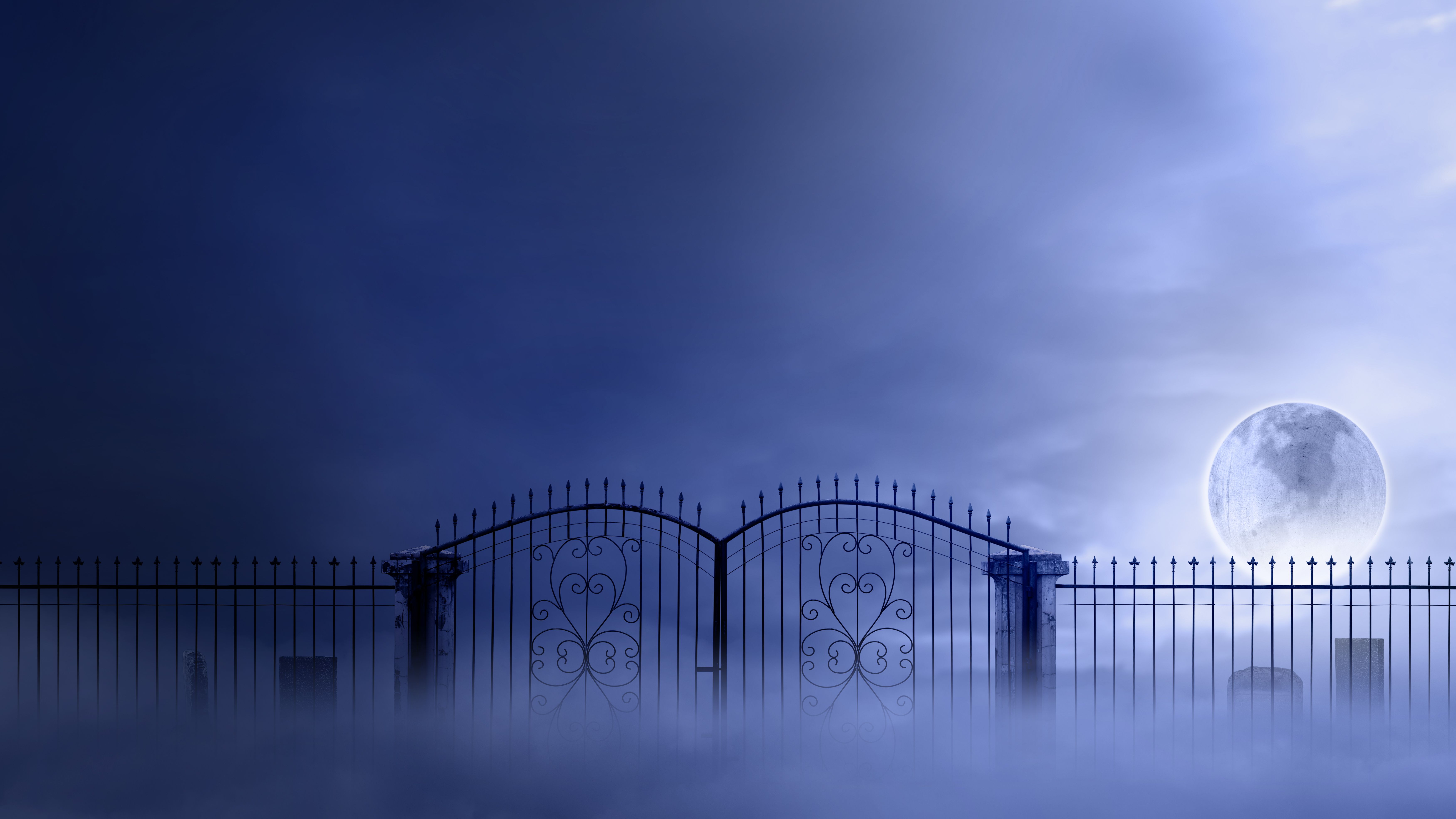A gate with a large moon in the sky. The gate is closed and the moon is shining brightly. The sky is dark and the atmosphere is mysterious