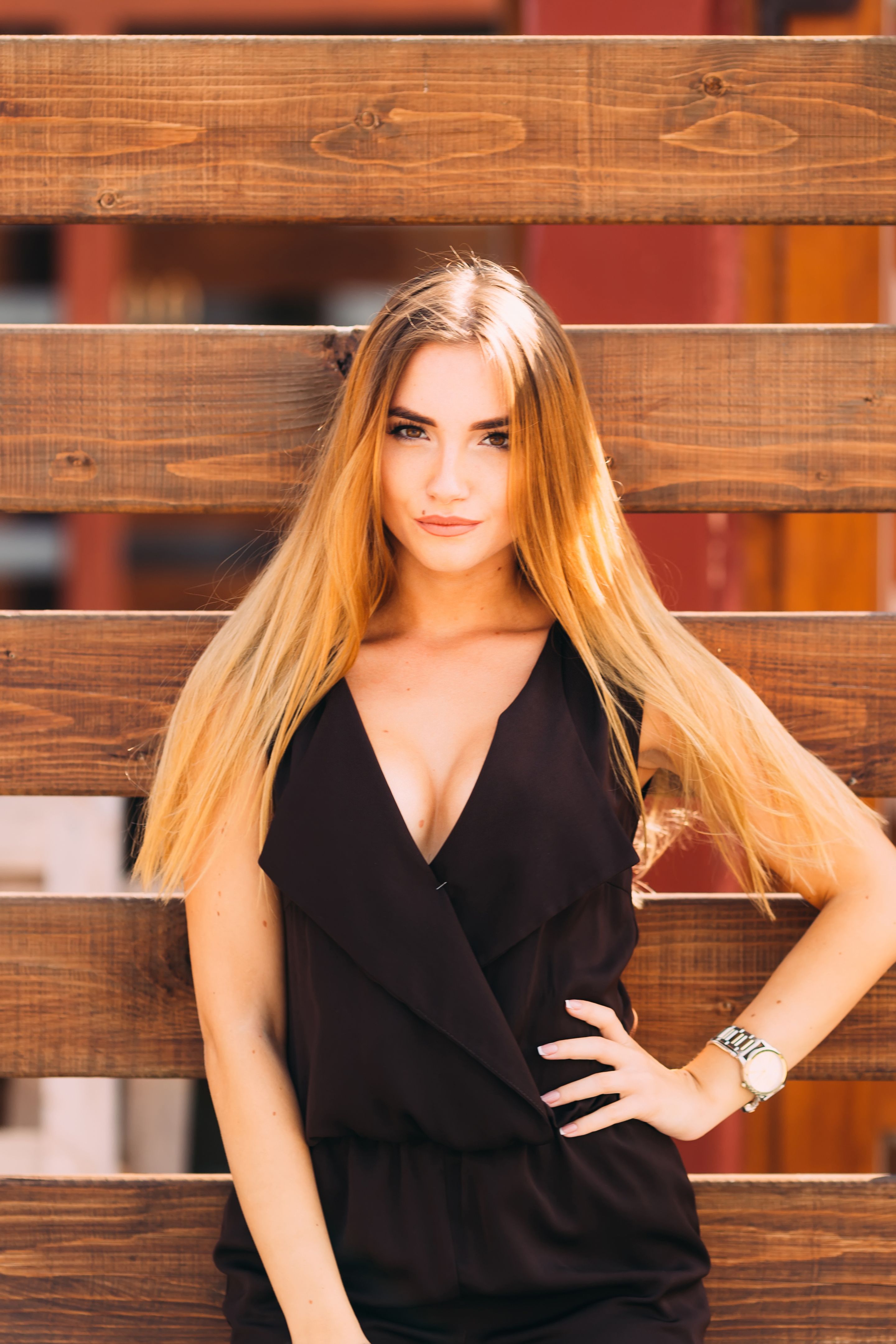 beautiful girl near a wooden fence. young woman holds her hand o beautiful girl near a wooden fence. young woman holds her hand o