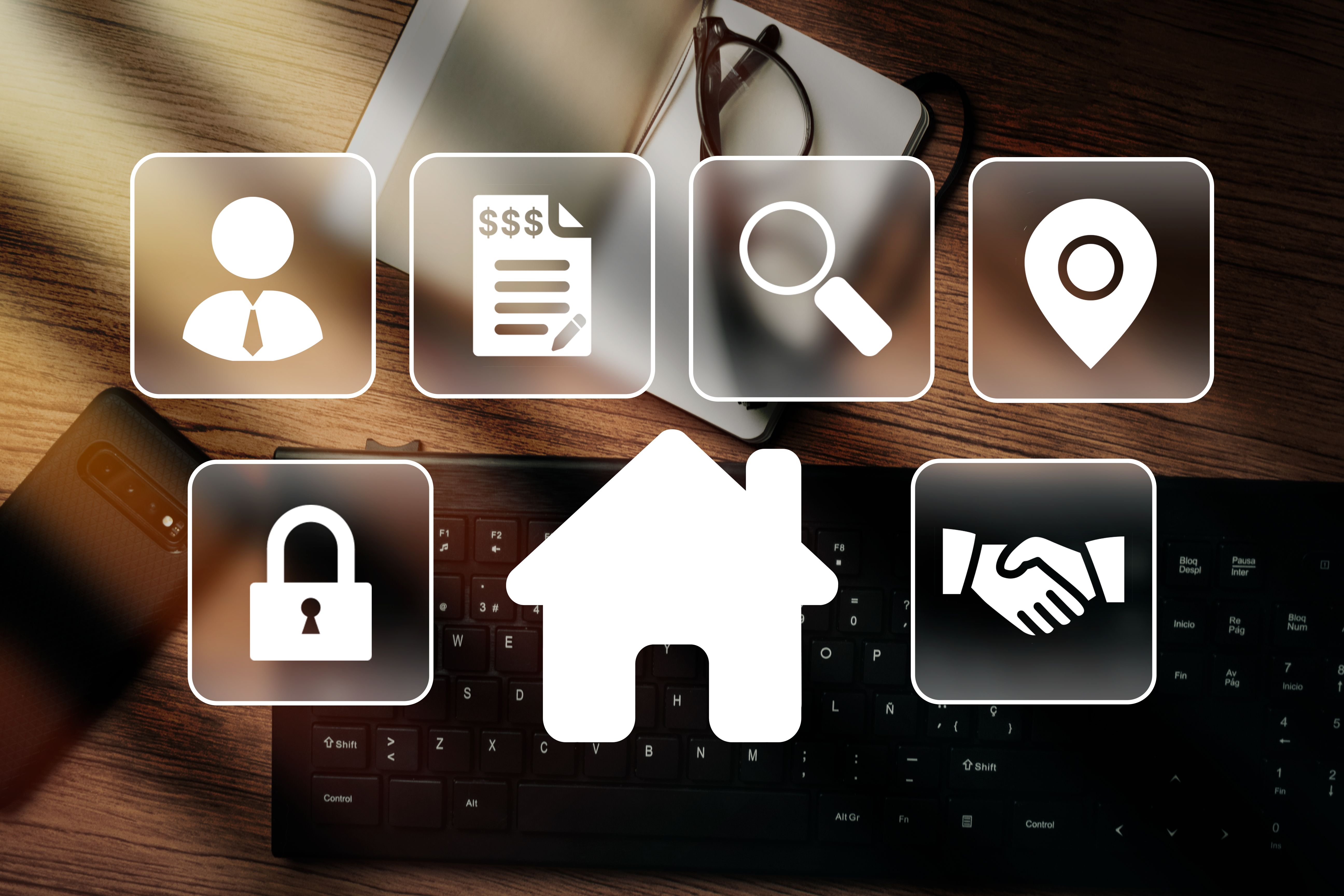 Vista superior do desktop com interface digital de caça à casa.