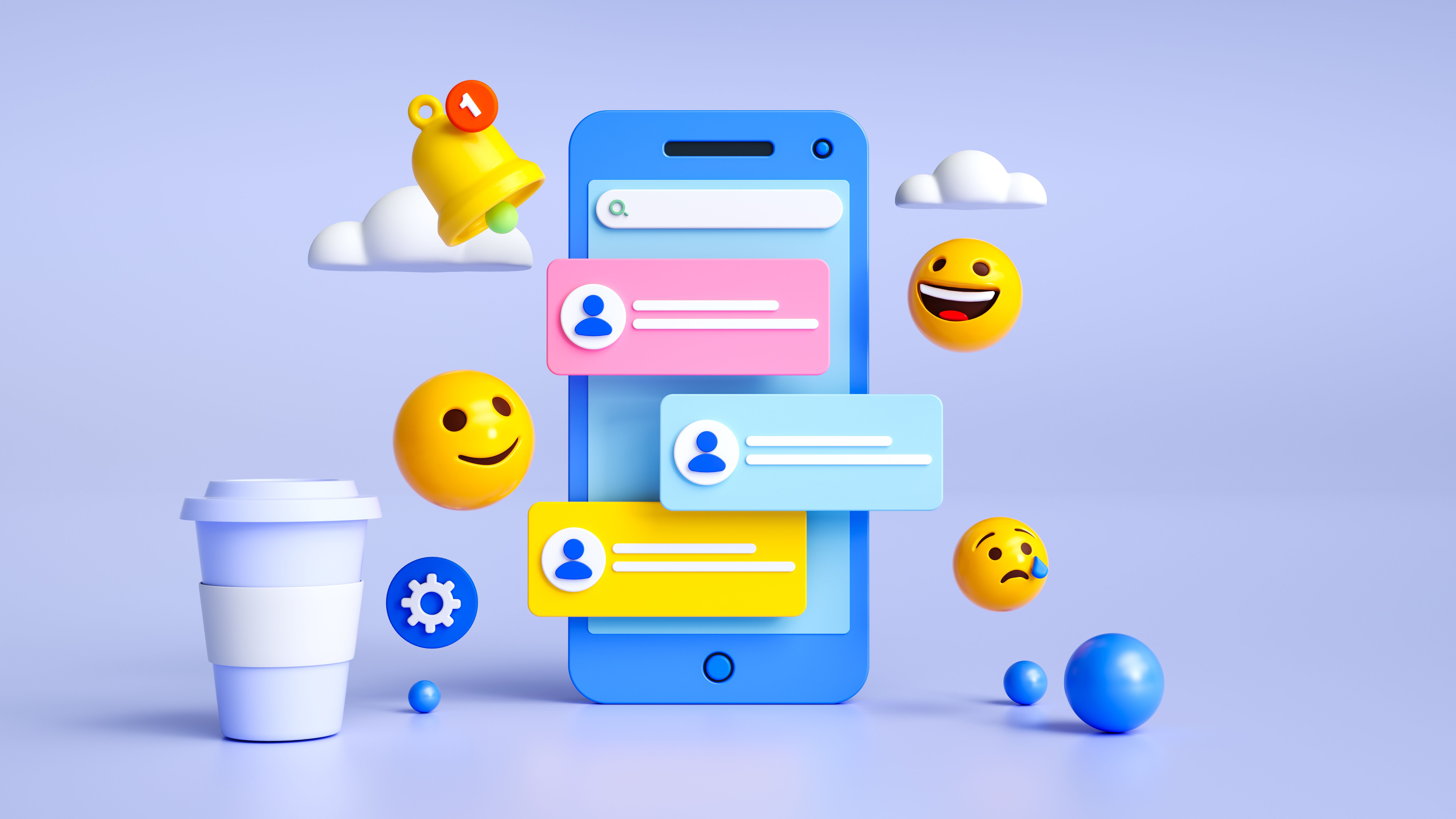 Colorful Chat Concept with Icons, Messages, and Notifications Flying from the Screen. Easy to Edit or Overlay Additional Elements for Communication and Social Networking. 3D Render.