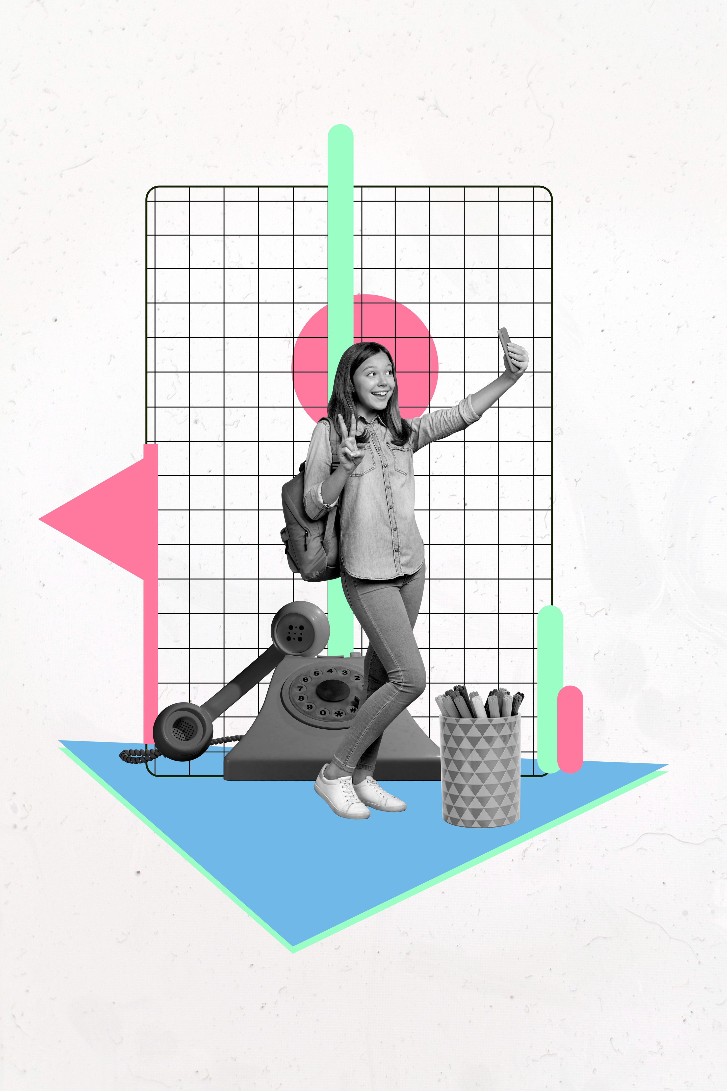 Trend artwork composite banner photo collage of teenager young girl slefie phone hello landline phone back school online lesson pupil fall