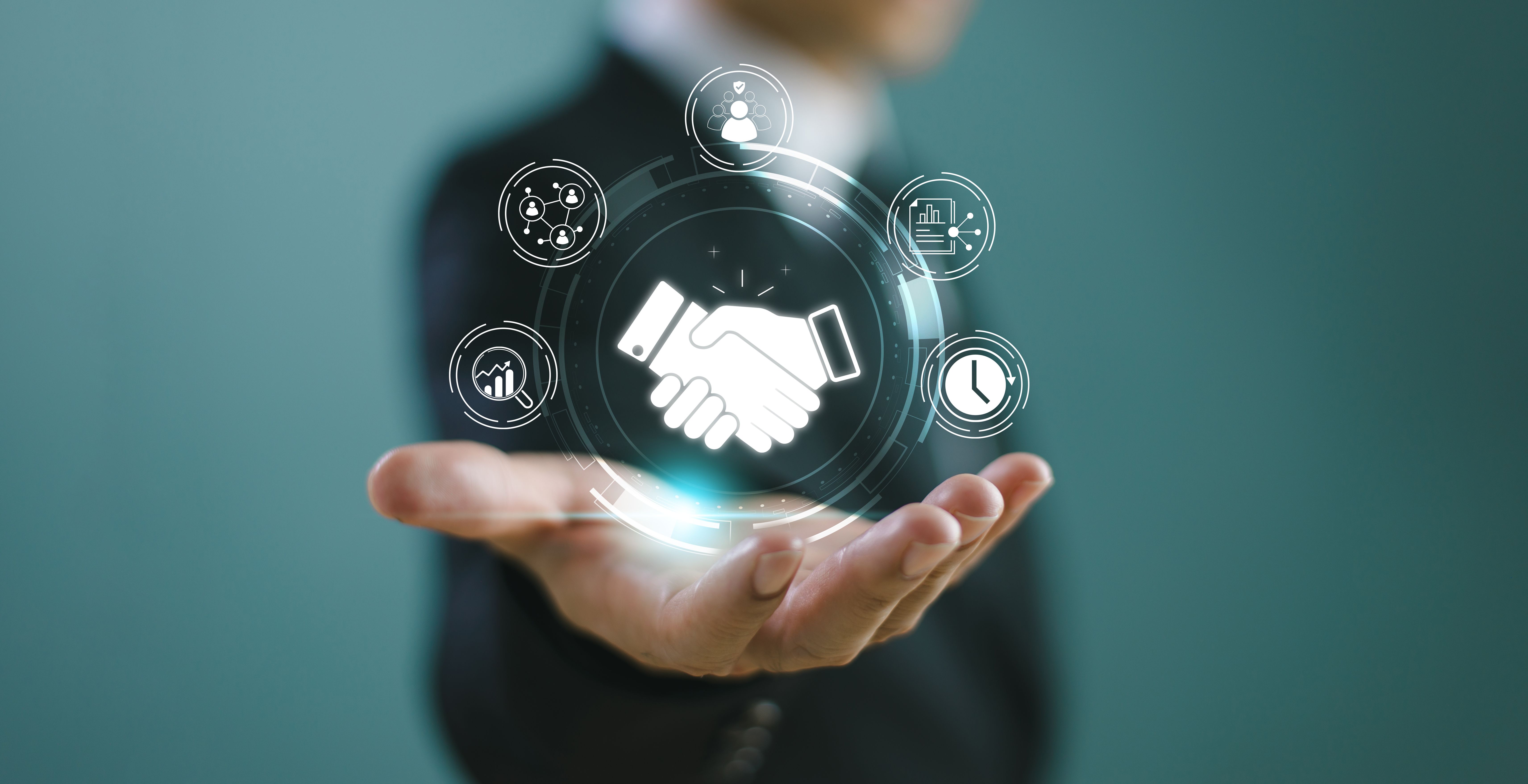 Business relationship connection concept. Partnership ecosystem, collaboration link technology service. Leadership trust handshake contact icon on global network background. Investment opportunity
