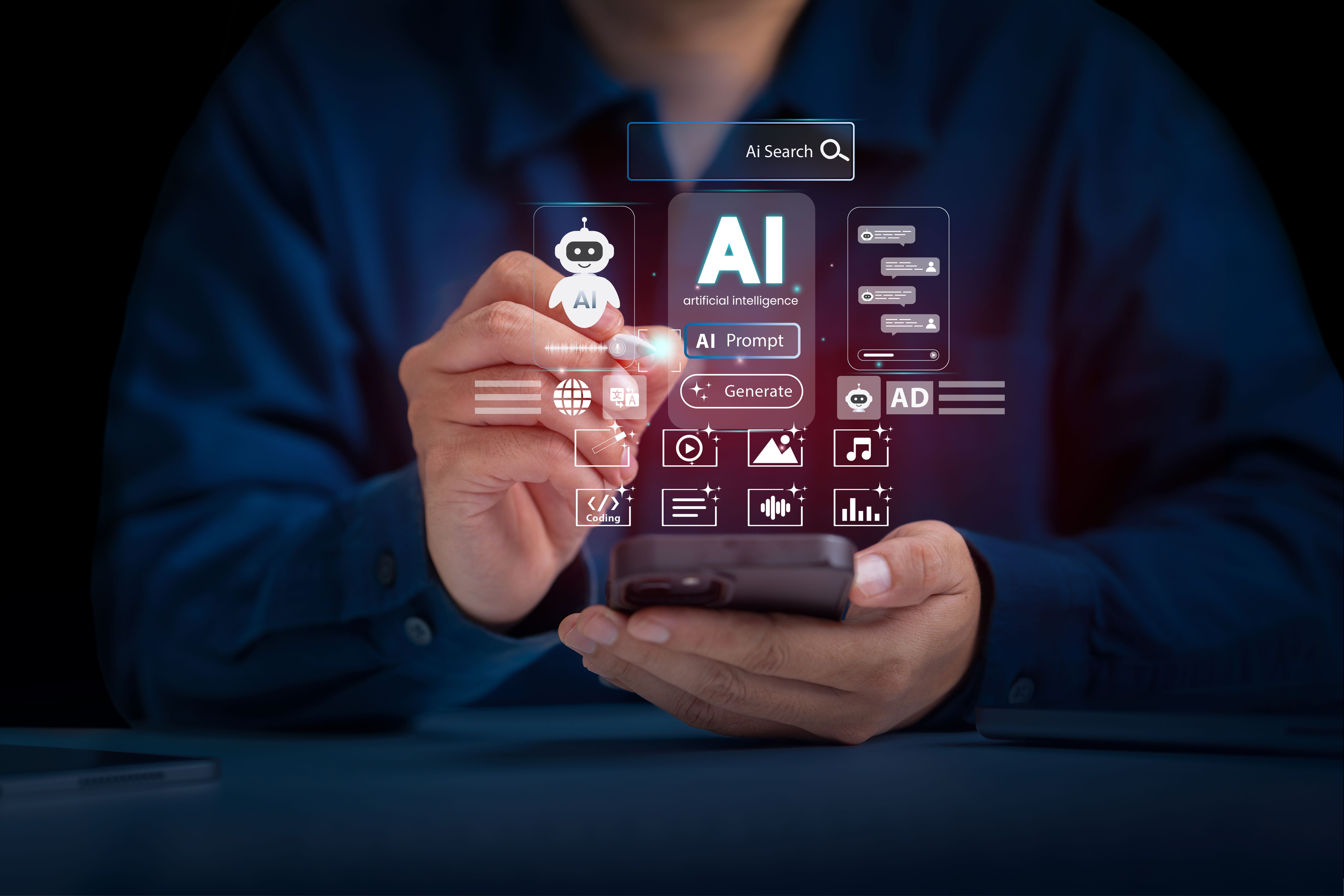Artificial Intelligence and mobile technology concept. Man using smartphone for AI Search, Generative Edit, Live Translate, Chatbot assistant conversation. AI Agent. Chatbot. Agentic workflows. LLM. Artificial Intelligence and mobile technology concept. Man using smartphone for AI Search, Generative Edit, Live Translate, Chatbot assistant conversation. AI Agent. Chatbot. Agentic workflows. LLM.