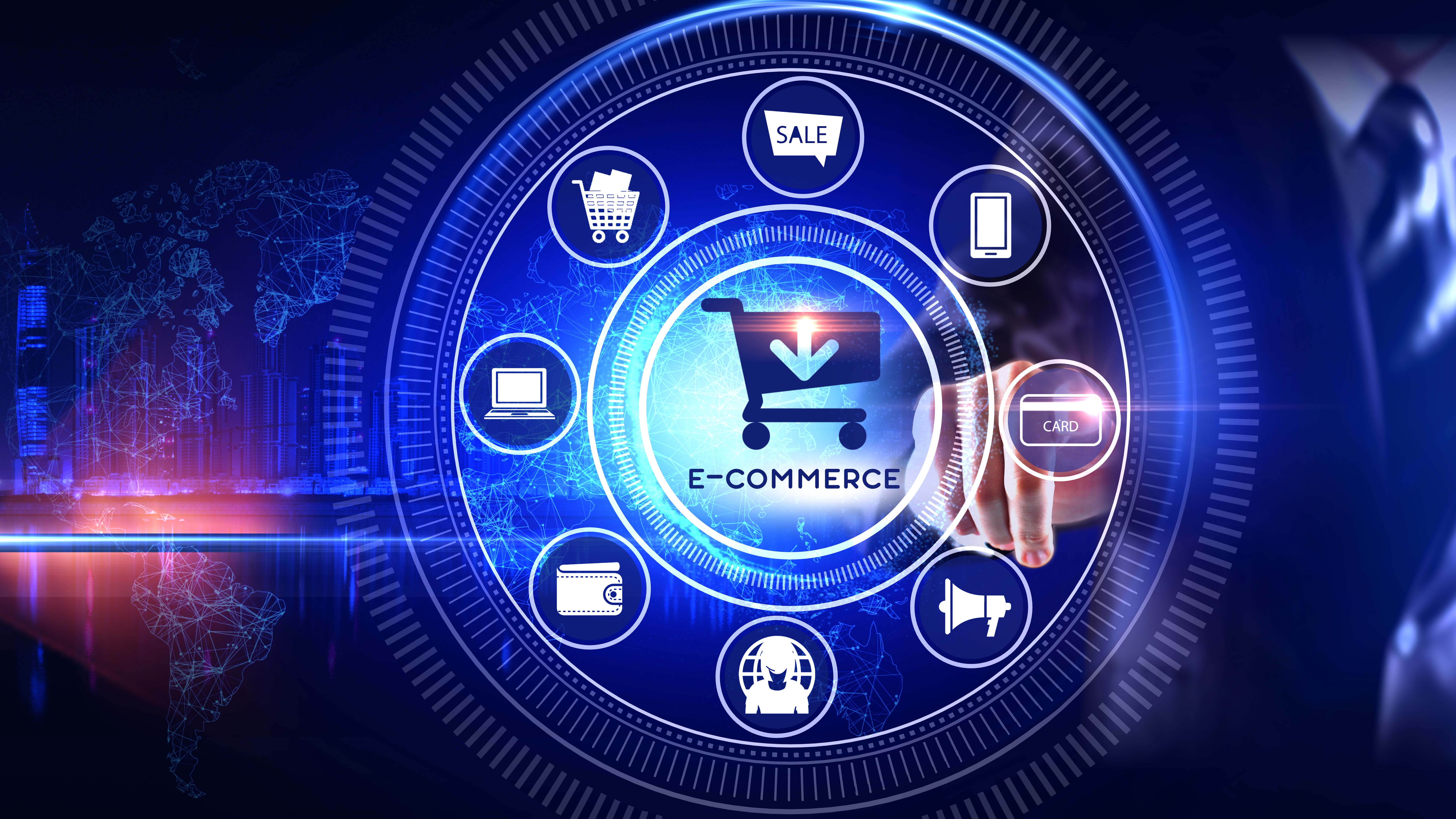 Digital illustration of eCommerce with shopping cart icon, global map, and technology symbols representing online shopping and payment options