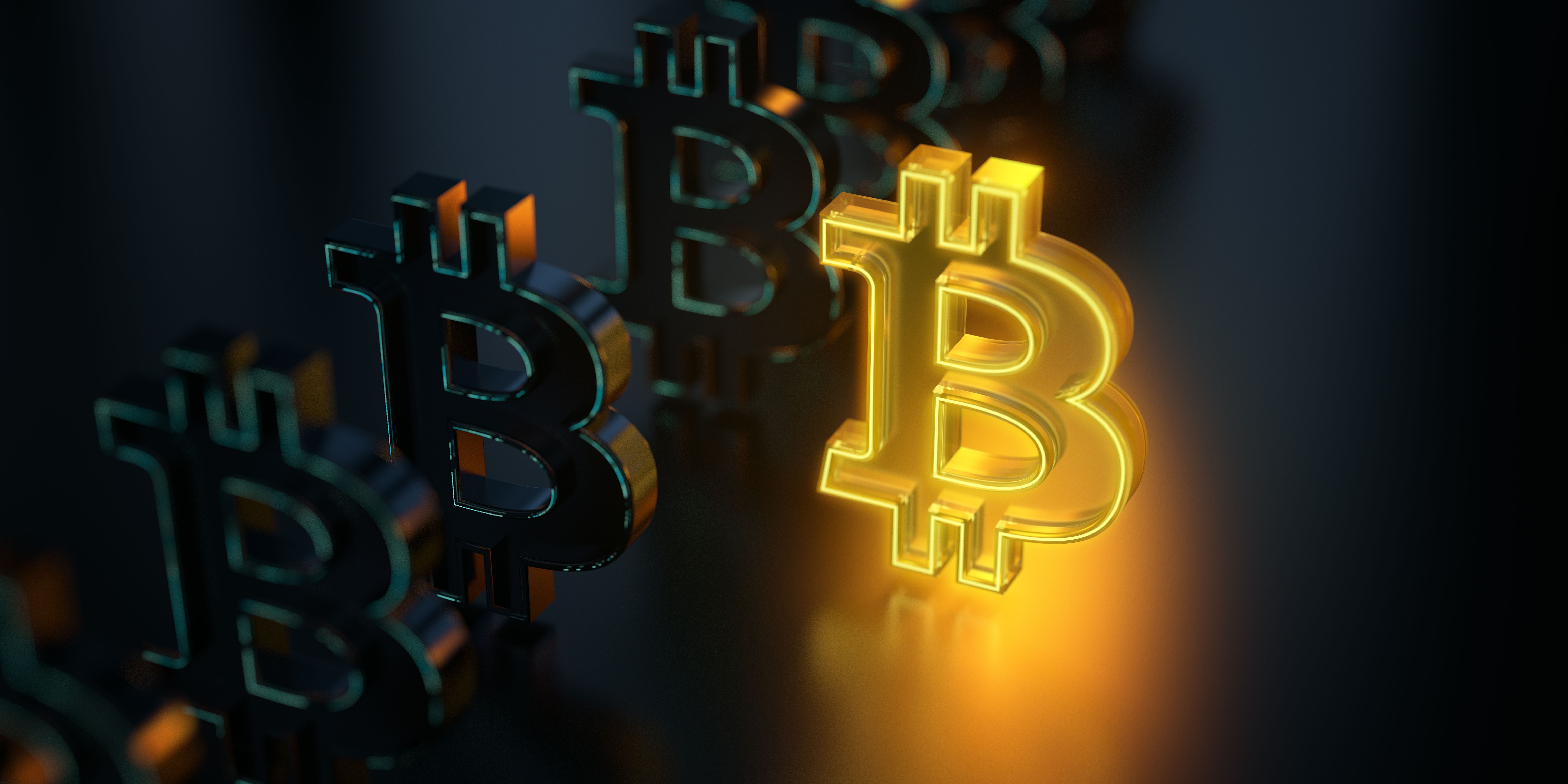 Glowing Crypto currency symbol standing out from the crowd on dark background. Yellow transparent glass material glowing