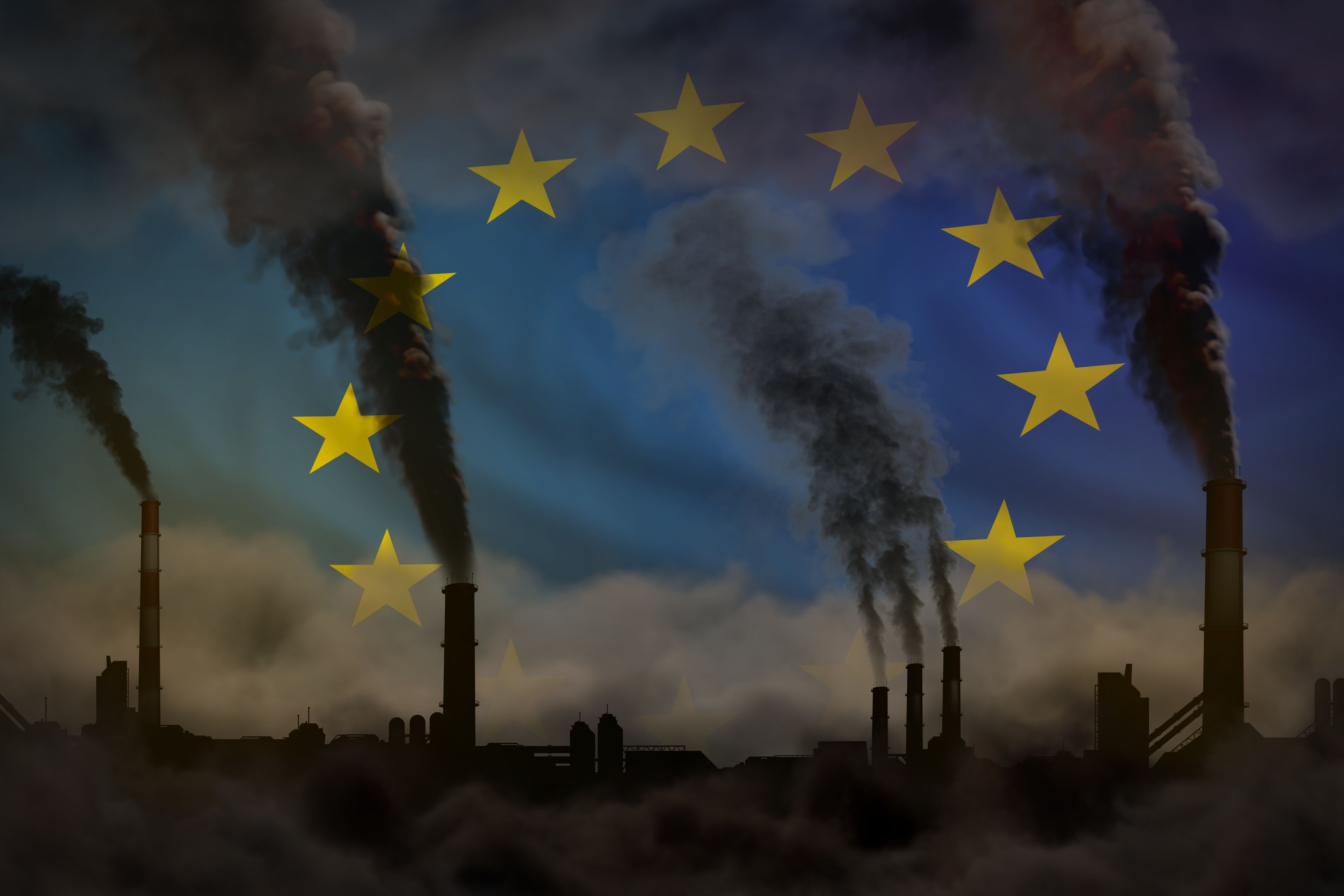 heavy smoke of industrial pipes on European Union flag - global warming concept, background with space for your content - industrial 3D illustration
