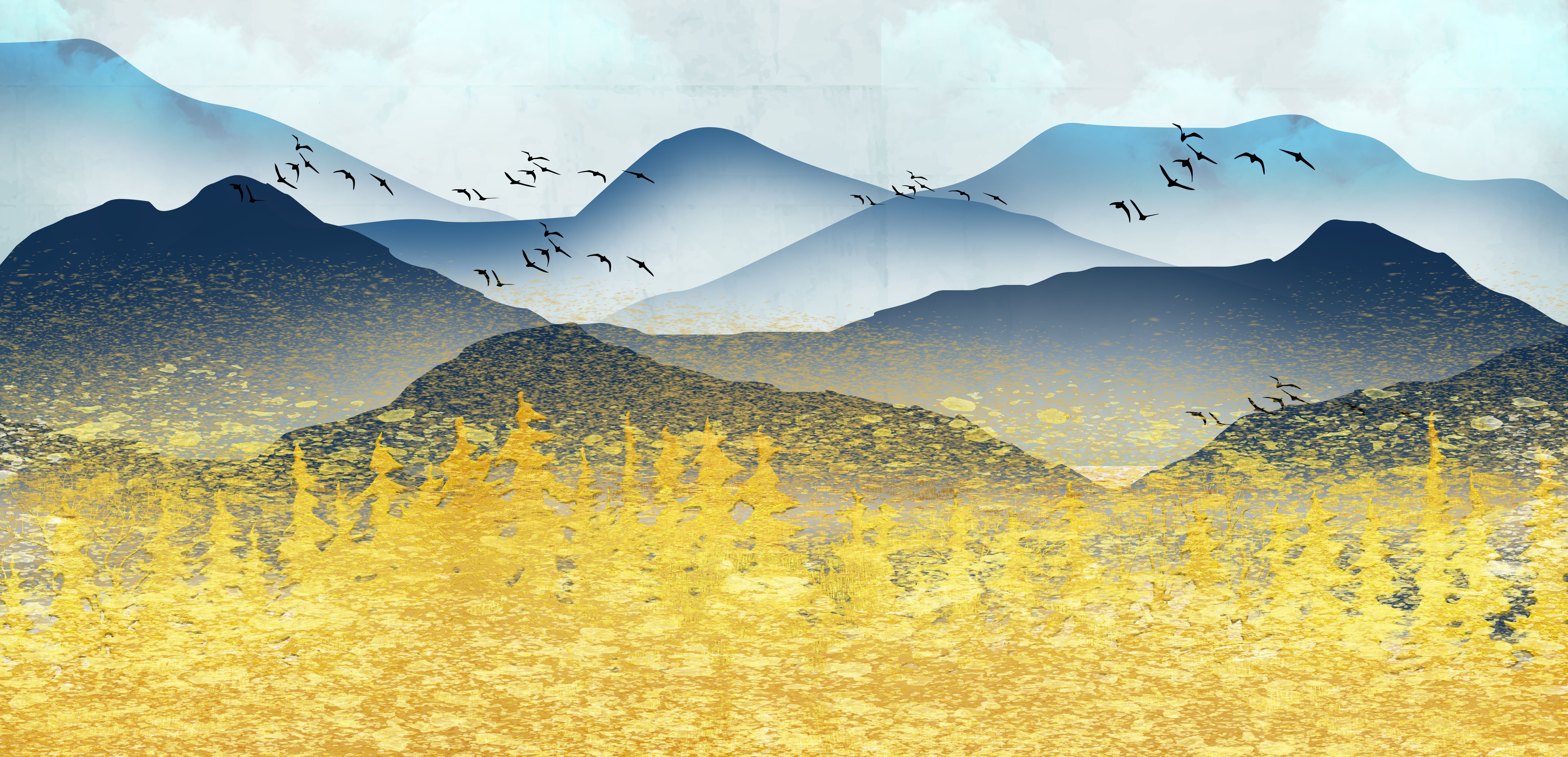 3d blue landscape modern art mural wallpaper. Forest, dark blue background and white clouds with colorful mountains. Chinese artwork for wall decoration