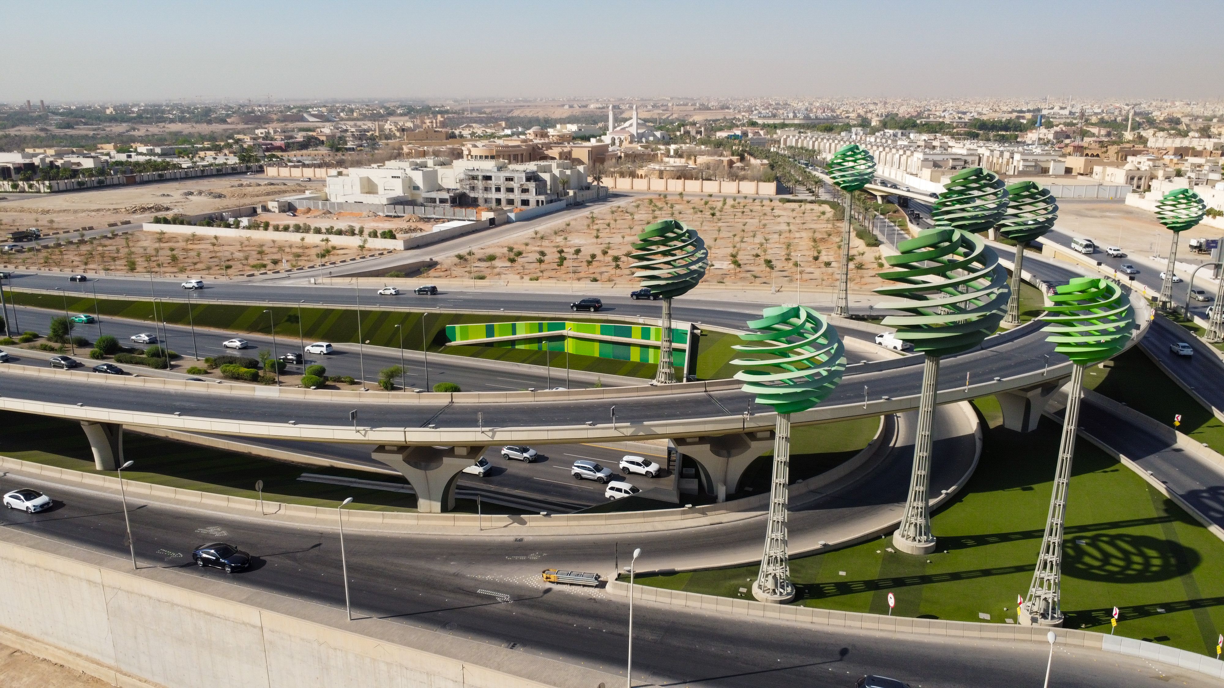 Riyadh City Saudi Arabia , Drone view of busy motorway The Green Field  KSA - Drones Photography