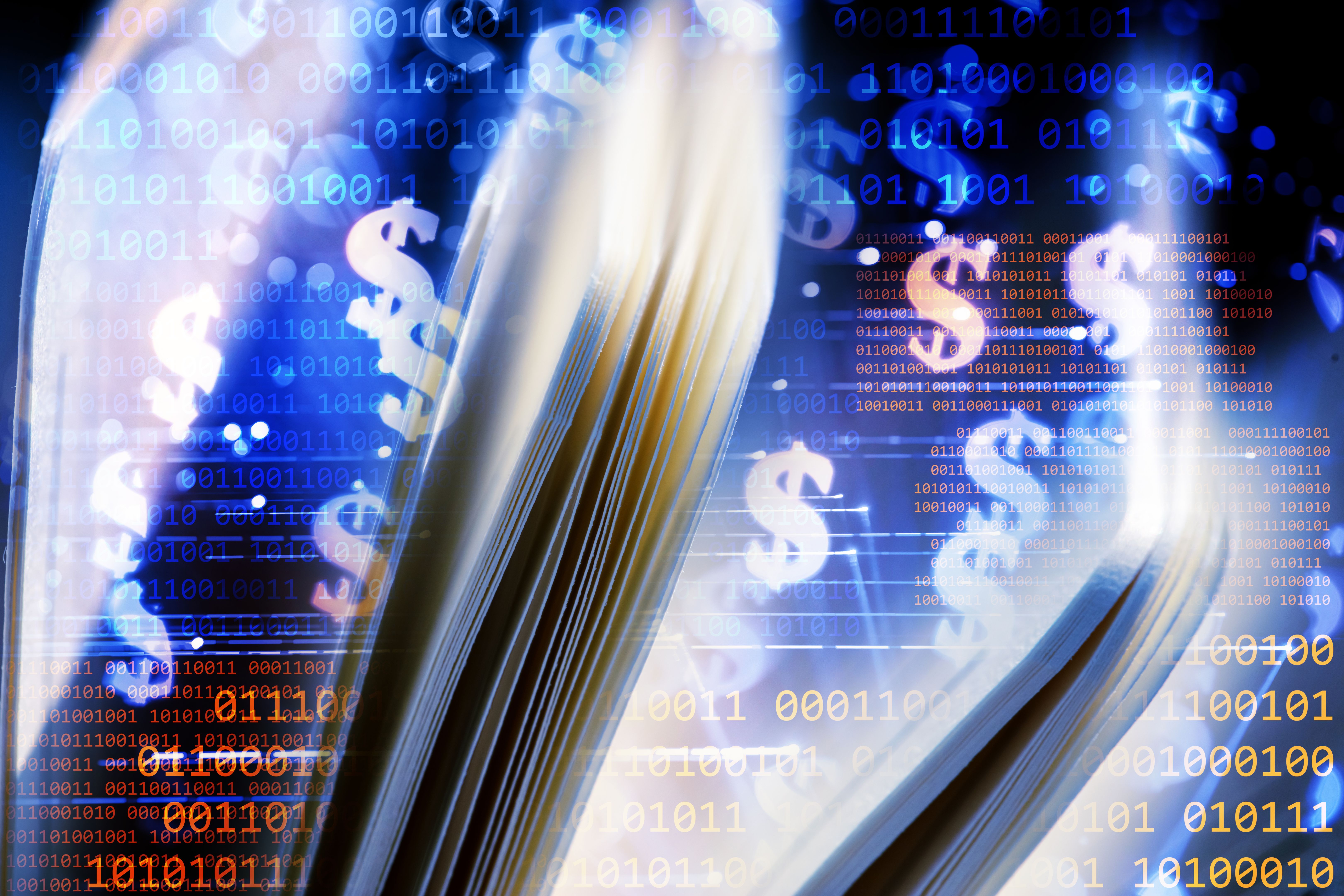 Electronic book concept - book pages on a binary code background with dollar signs