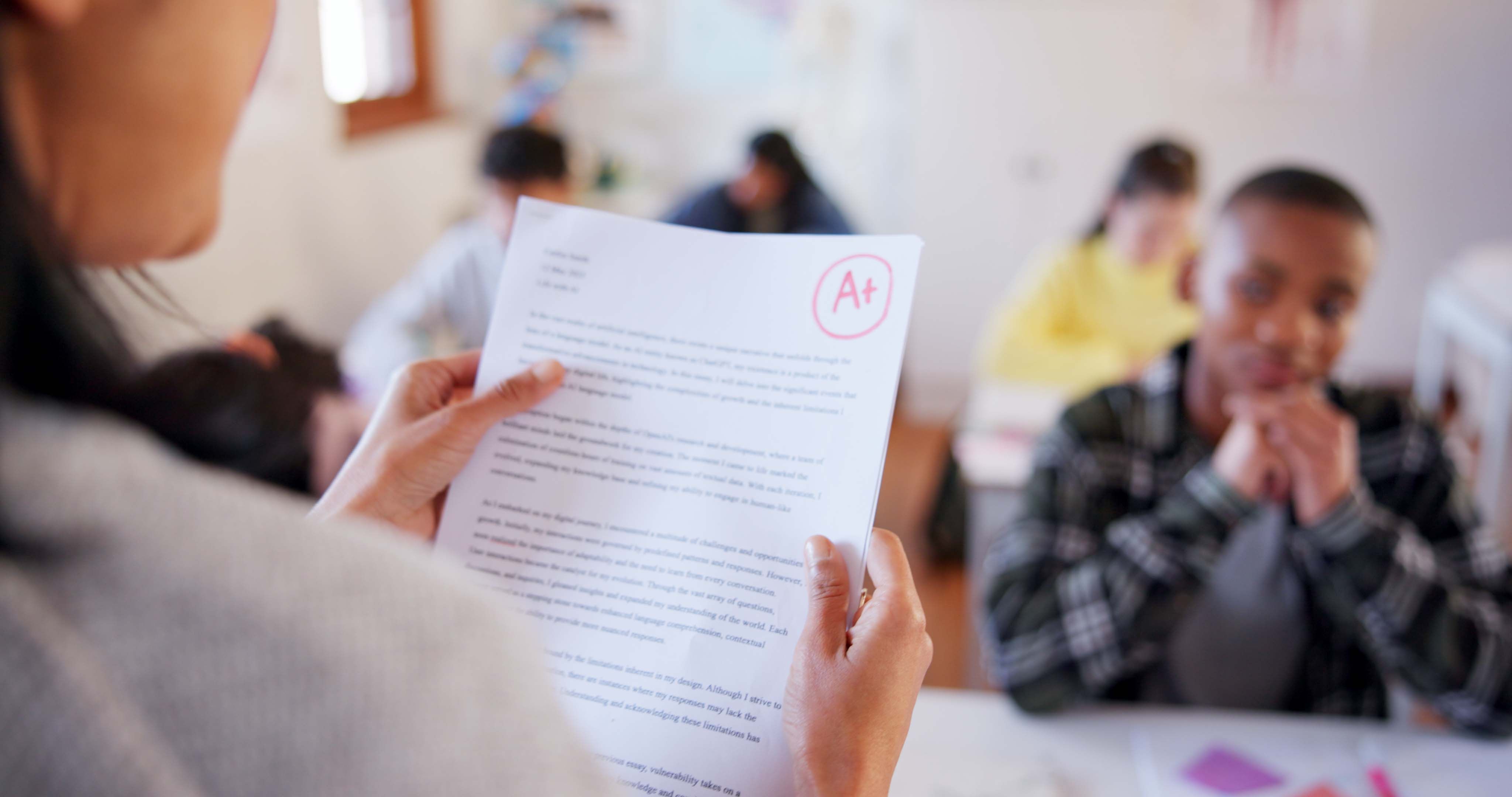 Hands, teacher and results on paper in classroom with reading, students and progress at high school. People, learning and development with test, essay or assessment with announcement for education