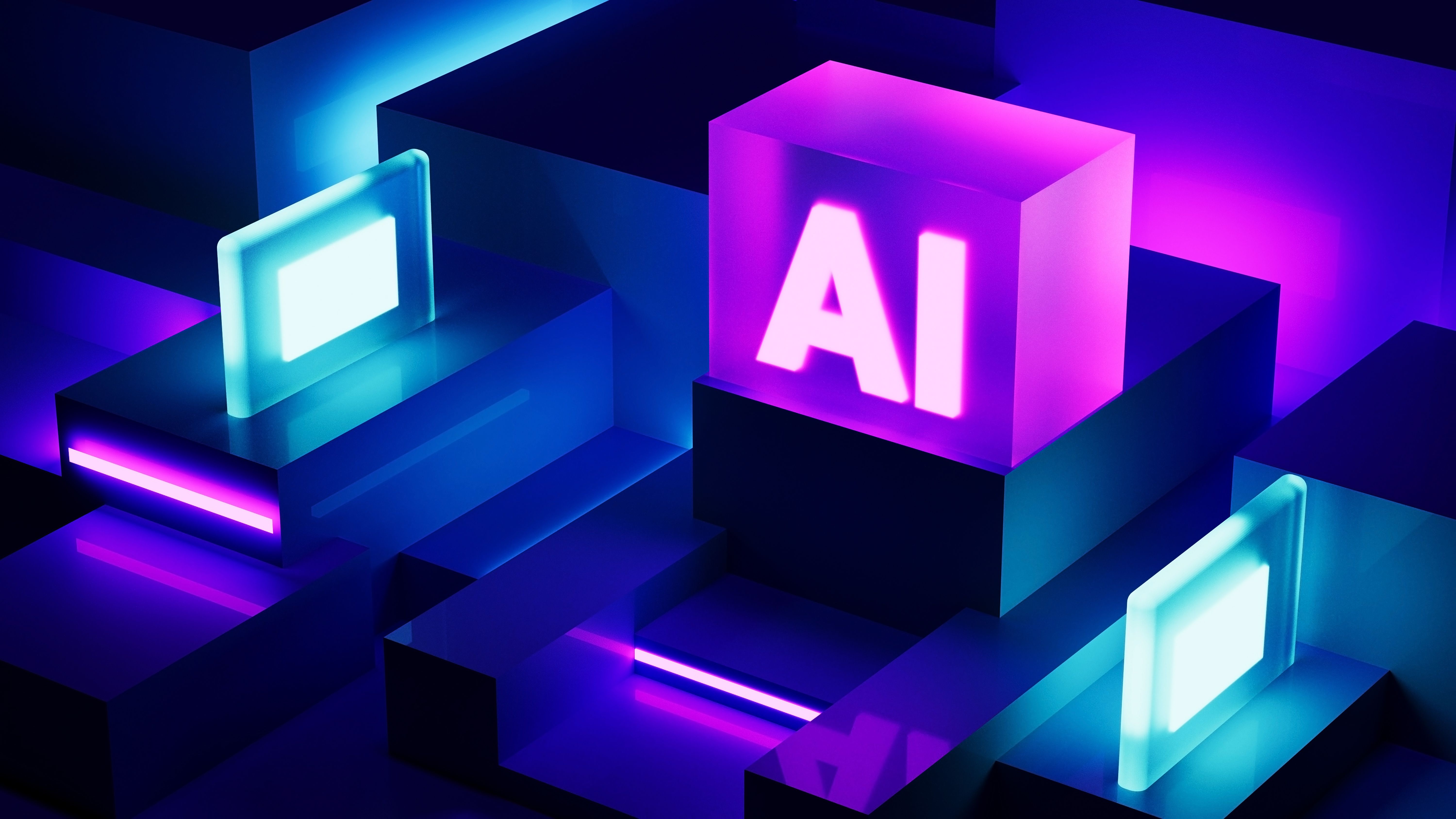 AI, artificial intelligence logo on neon blue violet glass geometric rectangles background. 3d render artificial intelligence concept, AI, artificial intelligence logo on neon blue violet glass geometric rectangles background. 3d render artificial intelligence concept,