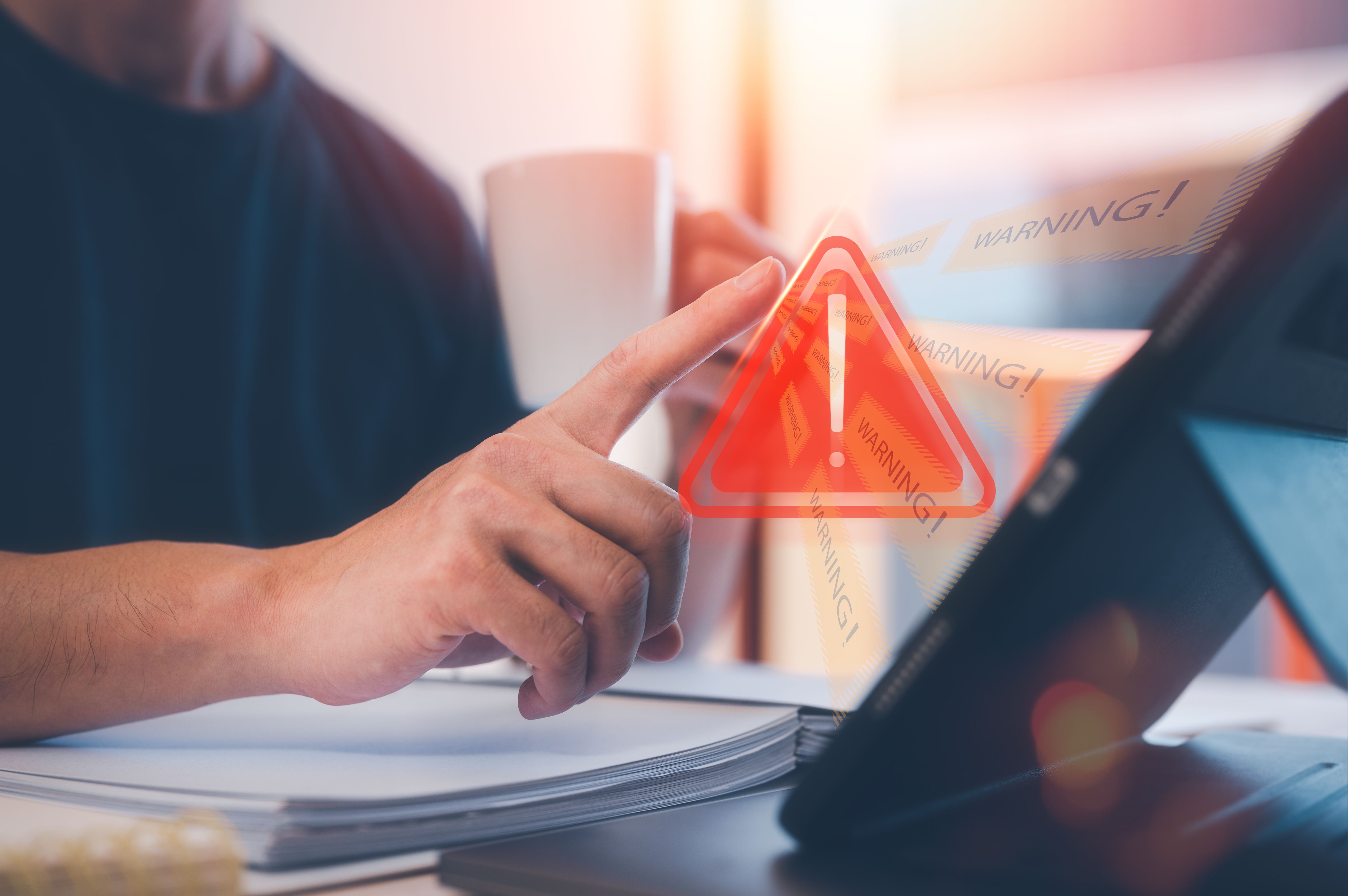 internet network security concept, businessman working on tablet ,computer laptop with triangle, warning sign , developer with triangle caution warning sign for notification error and maintenance concept