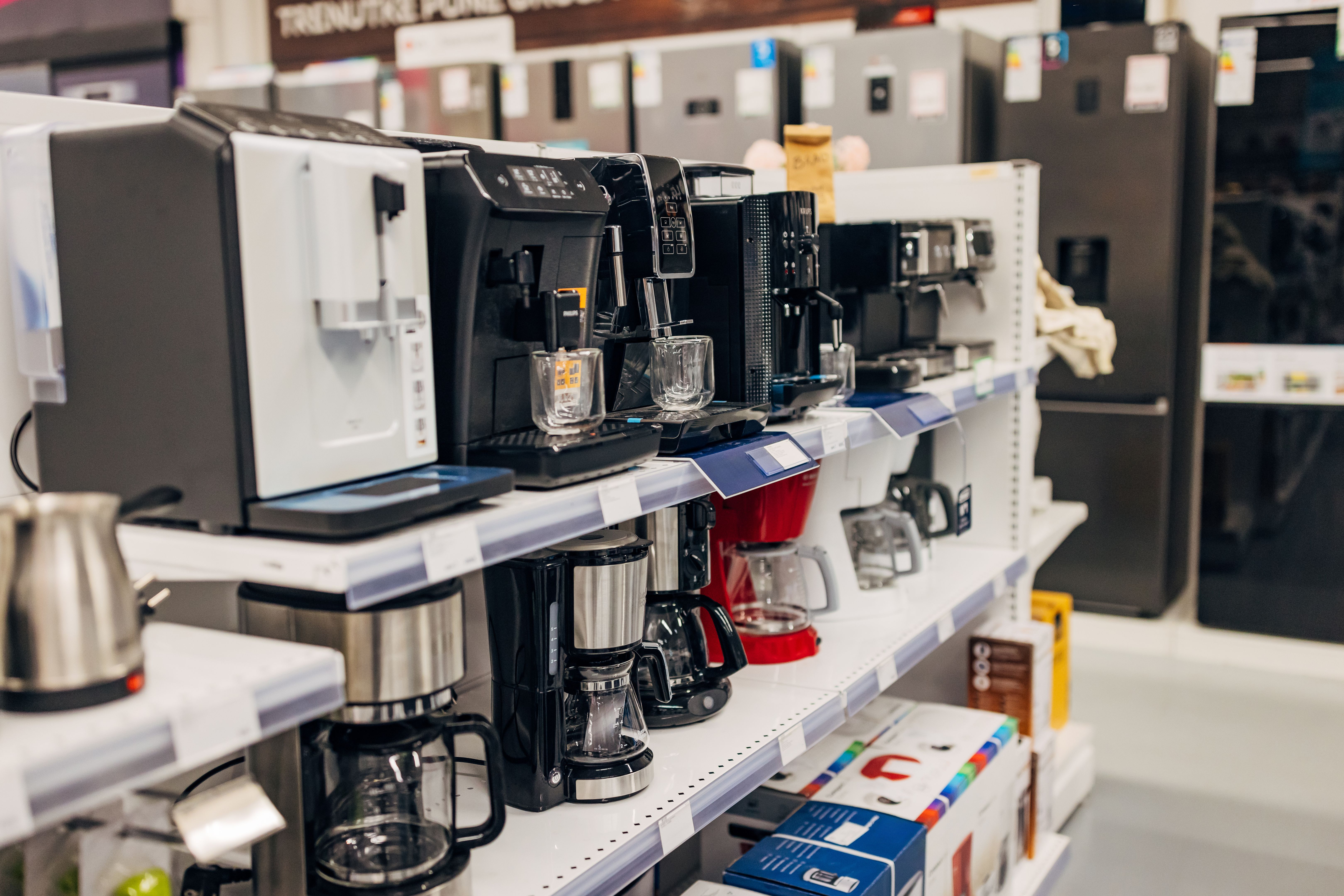 A huge selection of coffee machines in the electronics store