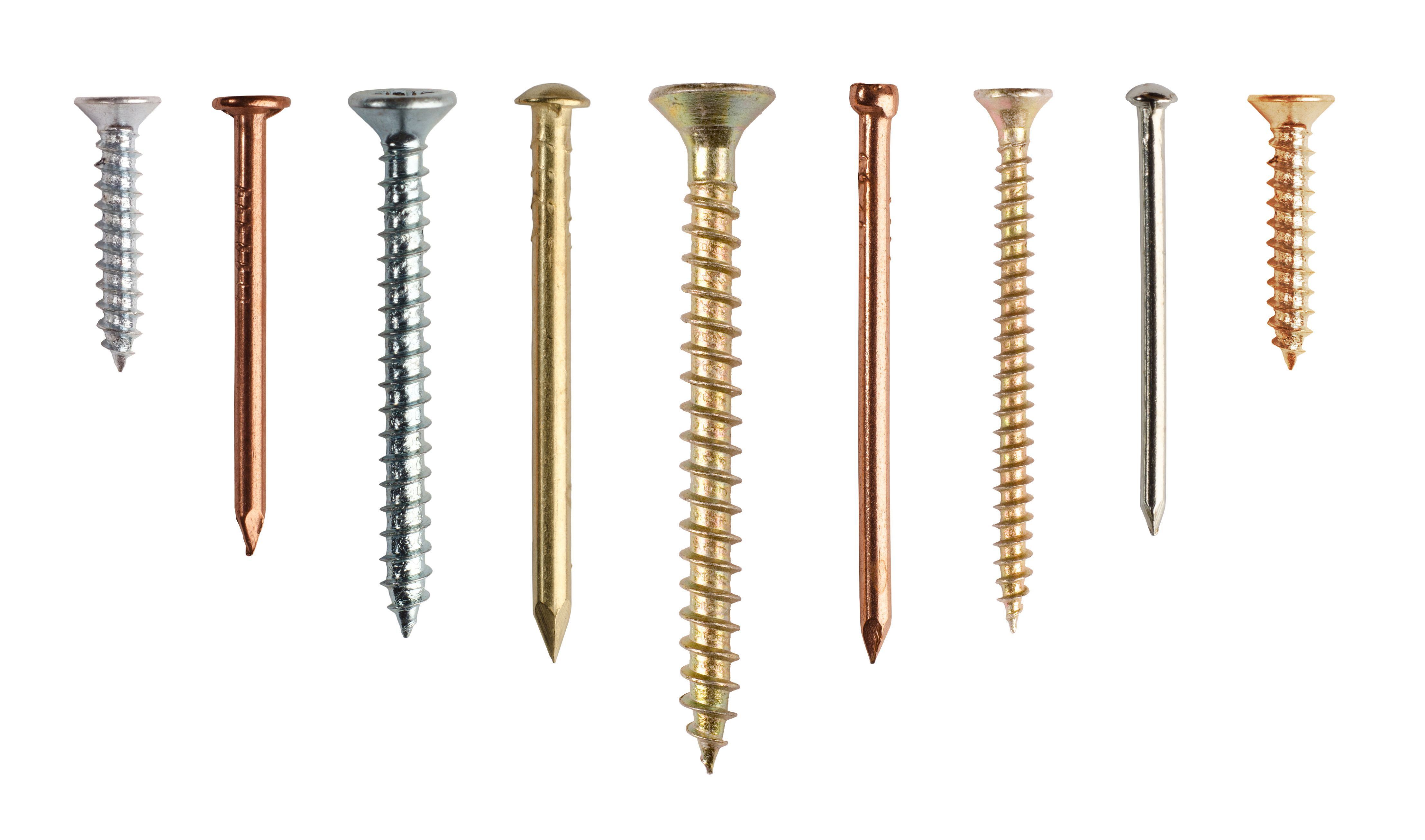 Collection of screws, rivets, nails isolated on white background. Set of fasteners as industrial design elements. Top and side views.