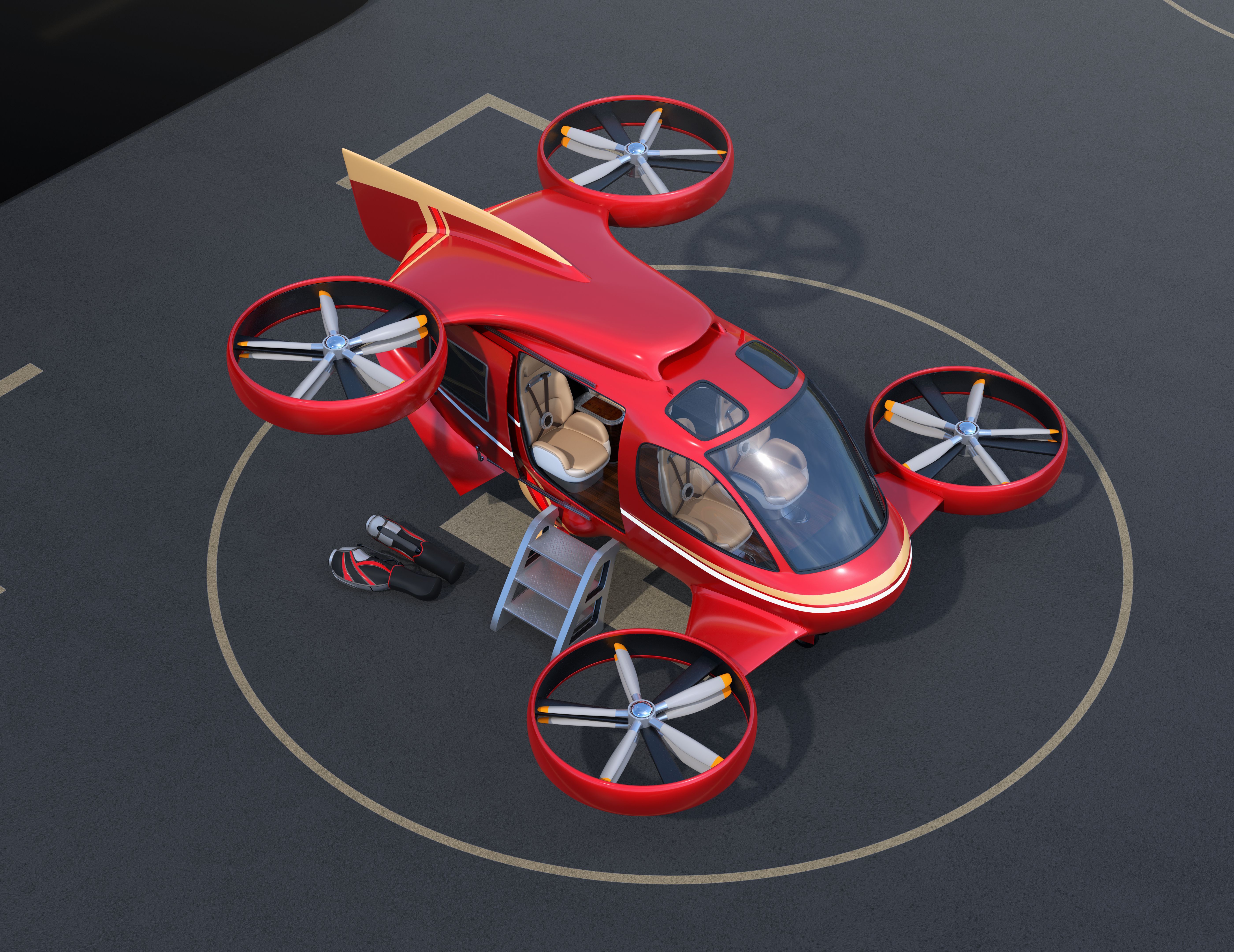 Metallic red flying car ( air taxi) parking on Drone Port