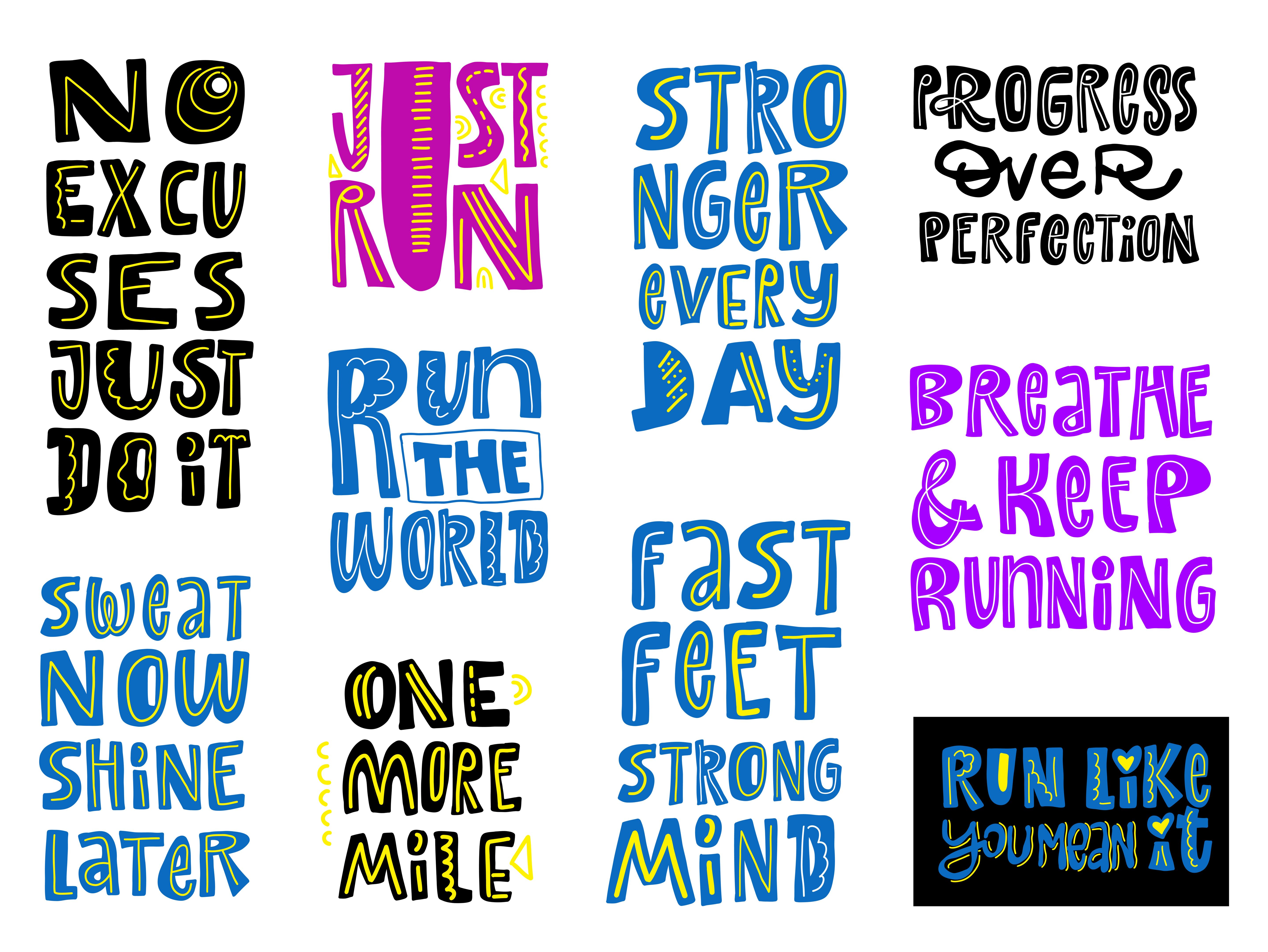 A colorful set of hand-drawn motivational running quotes with unique typography. Perfect for fitness, sports, and active lifestyle designs.