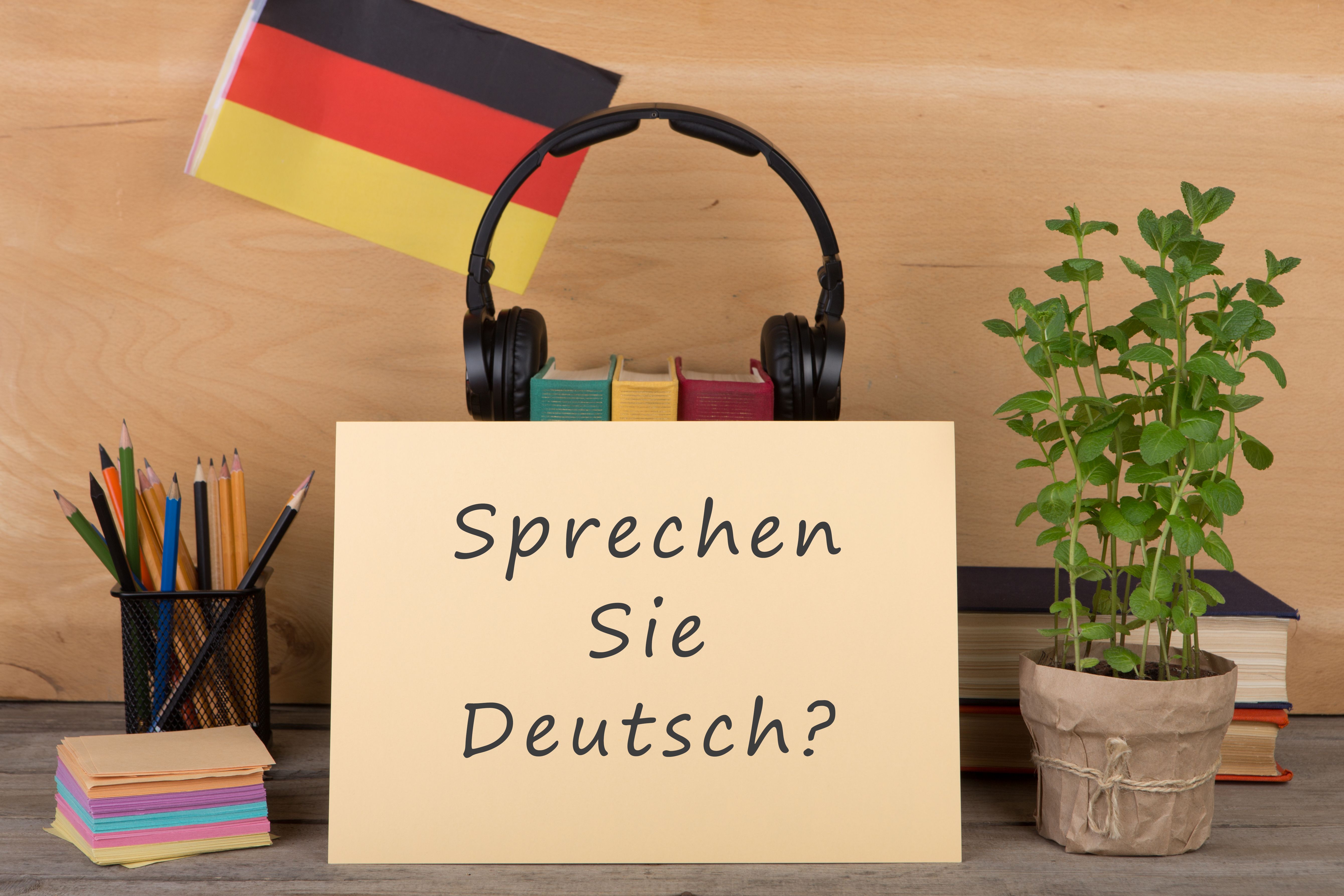 paper with text "sprechen sie deutsch?", flag of the Germany