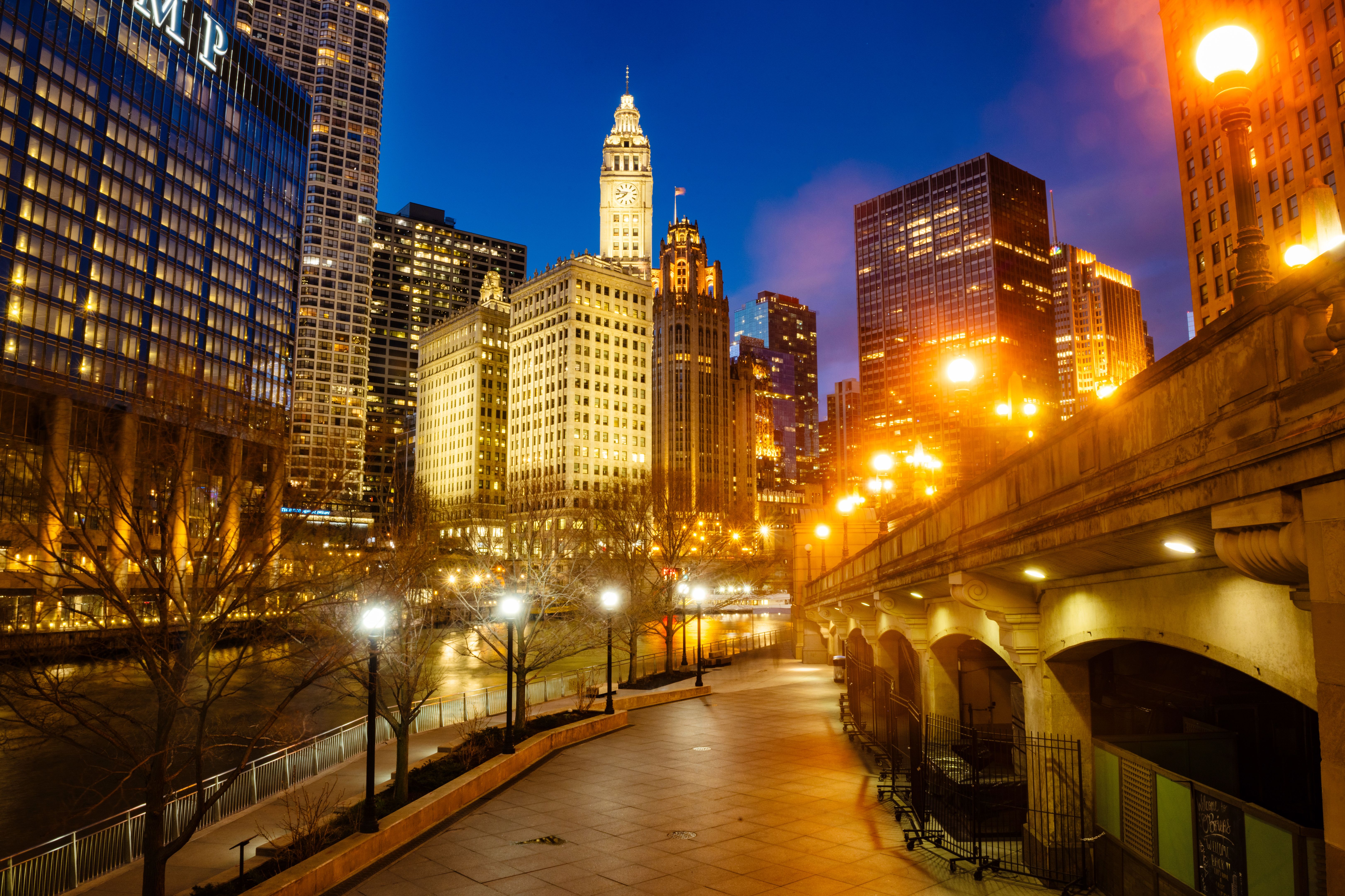 Downtown Chicago Riverwalk View at Dusk