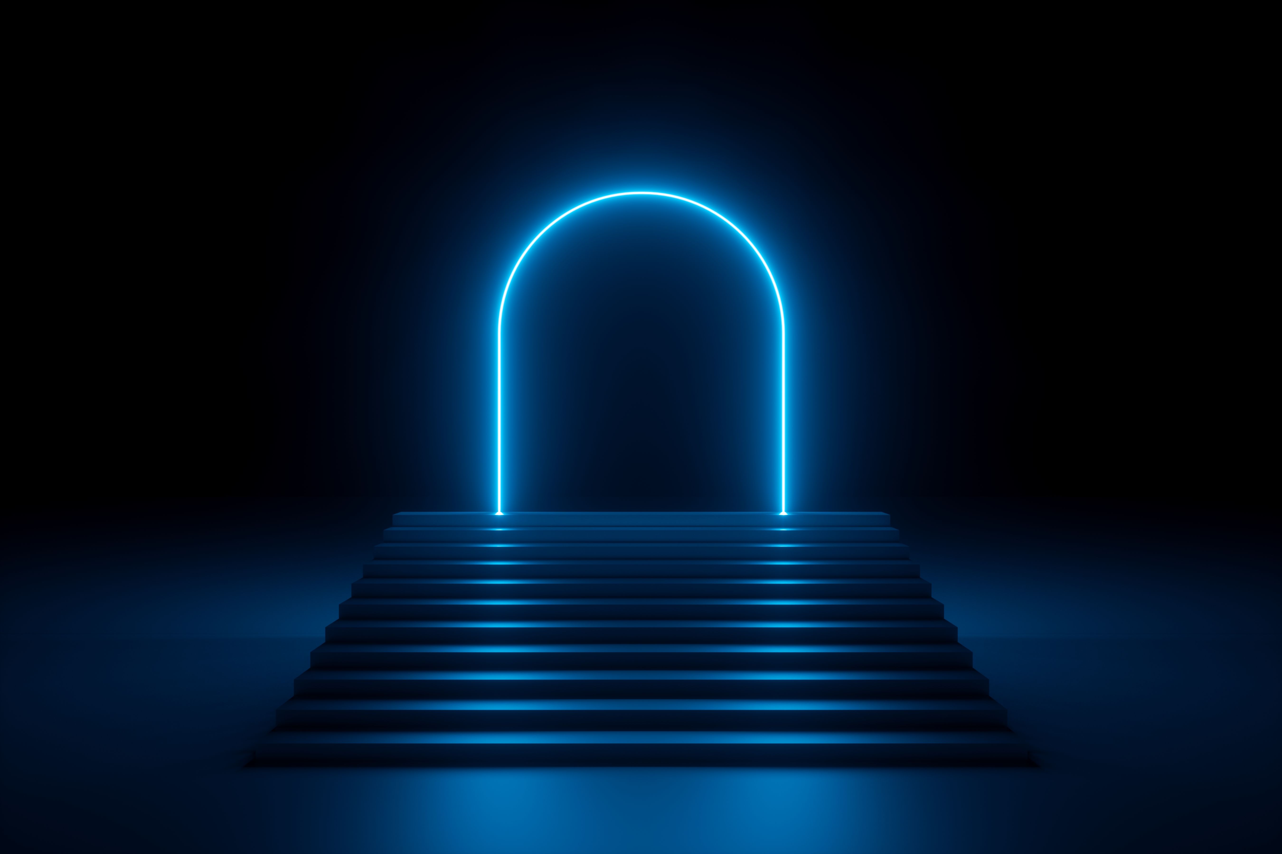 3d render, abstract neon background, glowing blue rounded arch, stairs, steps, performance stage design, empty fashion podium, ultraviolet light