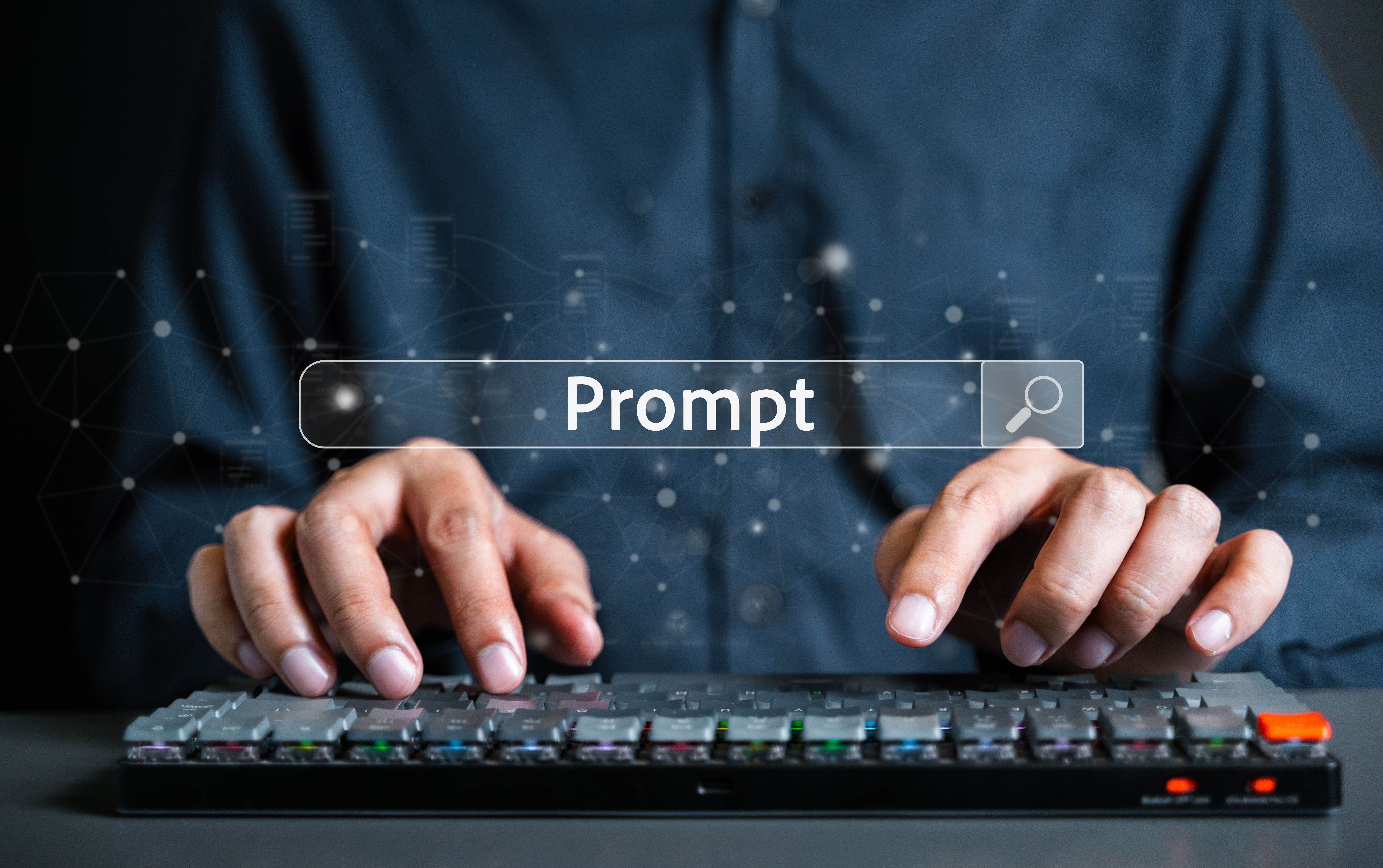 Prompt text, AI texting prompt on keyboard with smart Artificial Intelligence. Prompt text with AI, Immediate prompt concept.