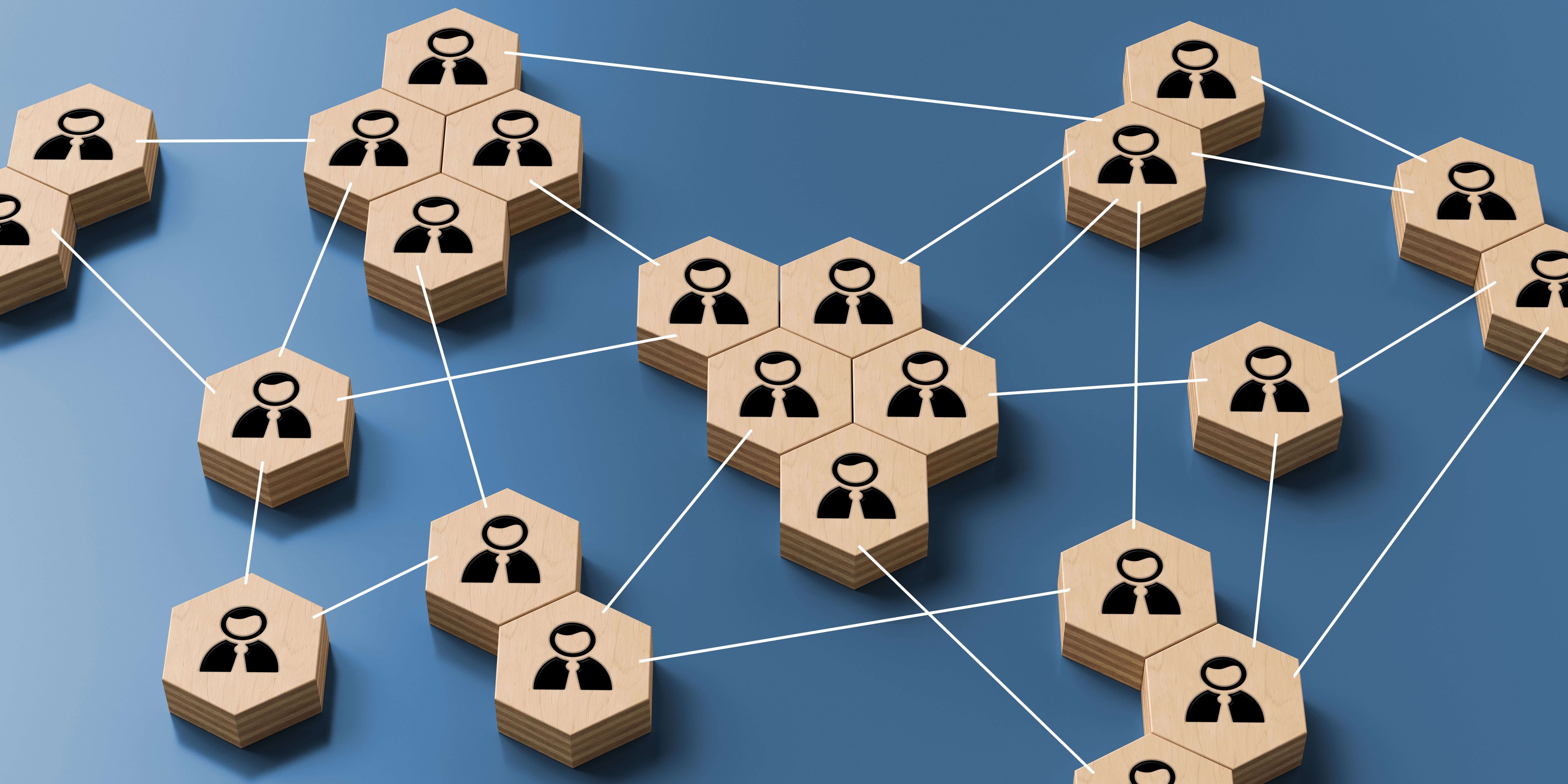 hexagons with people symbols and connections between them - 3d illustration