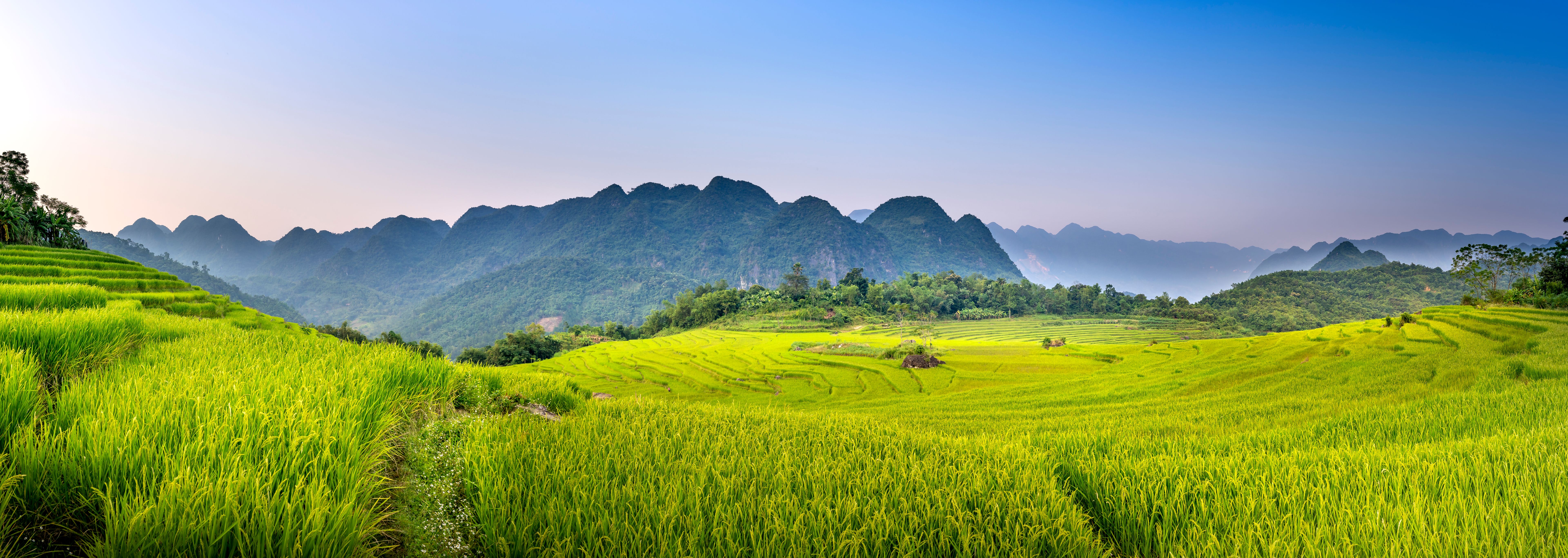 Panoramic view of beautiful green terraces of Pu Luong commune, Thanh Hoa province, Vietnam