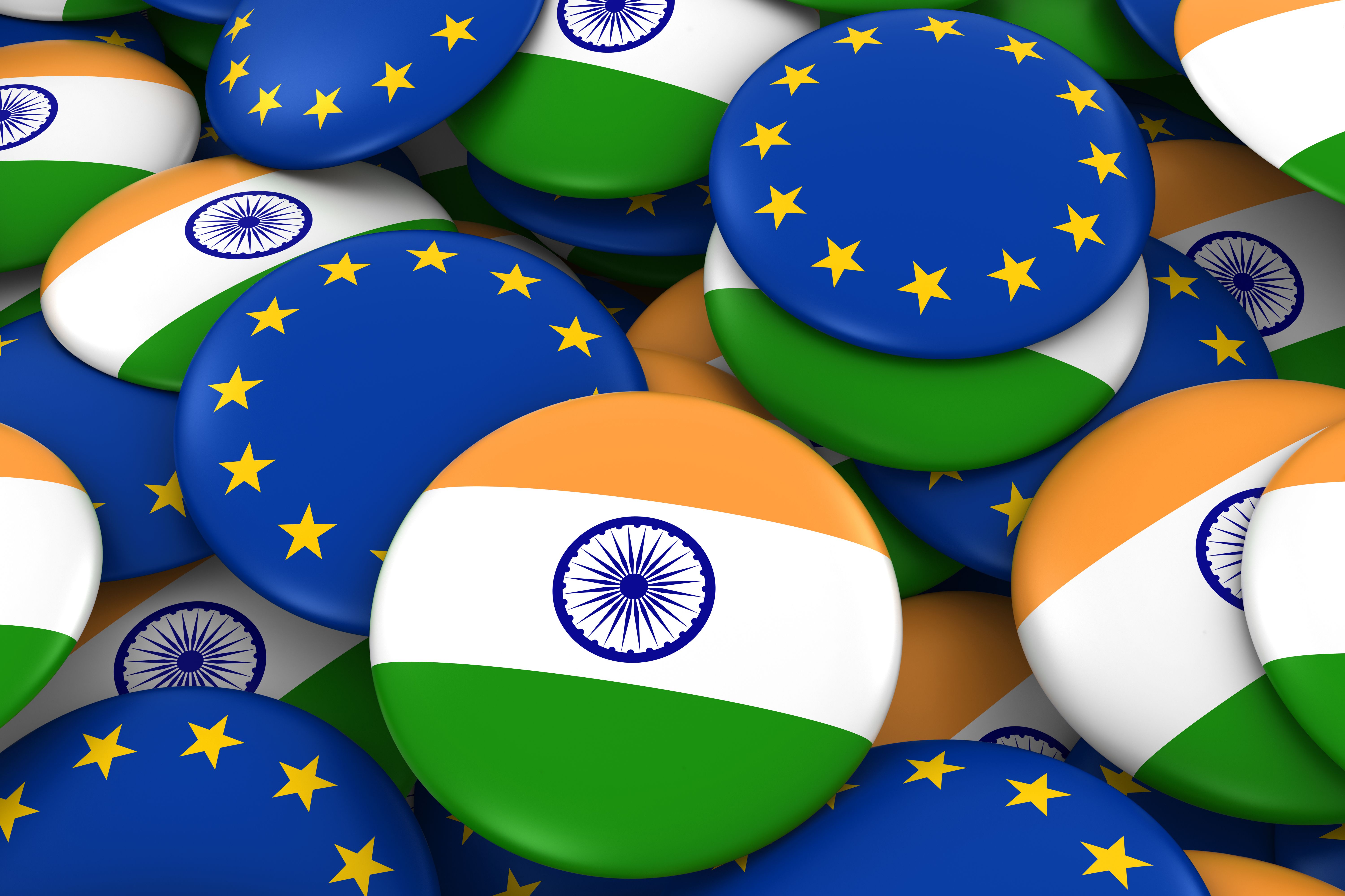 Pile of Indian and European Flag Buttons 3D Illustration