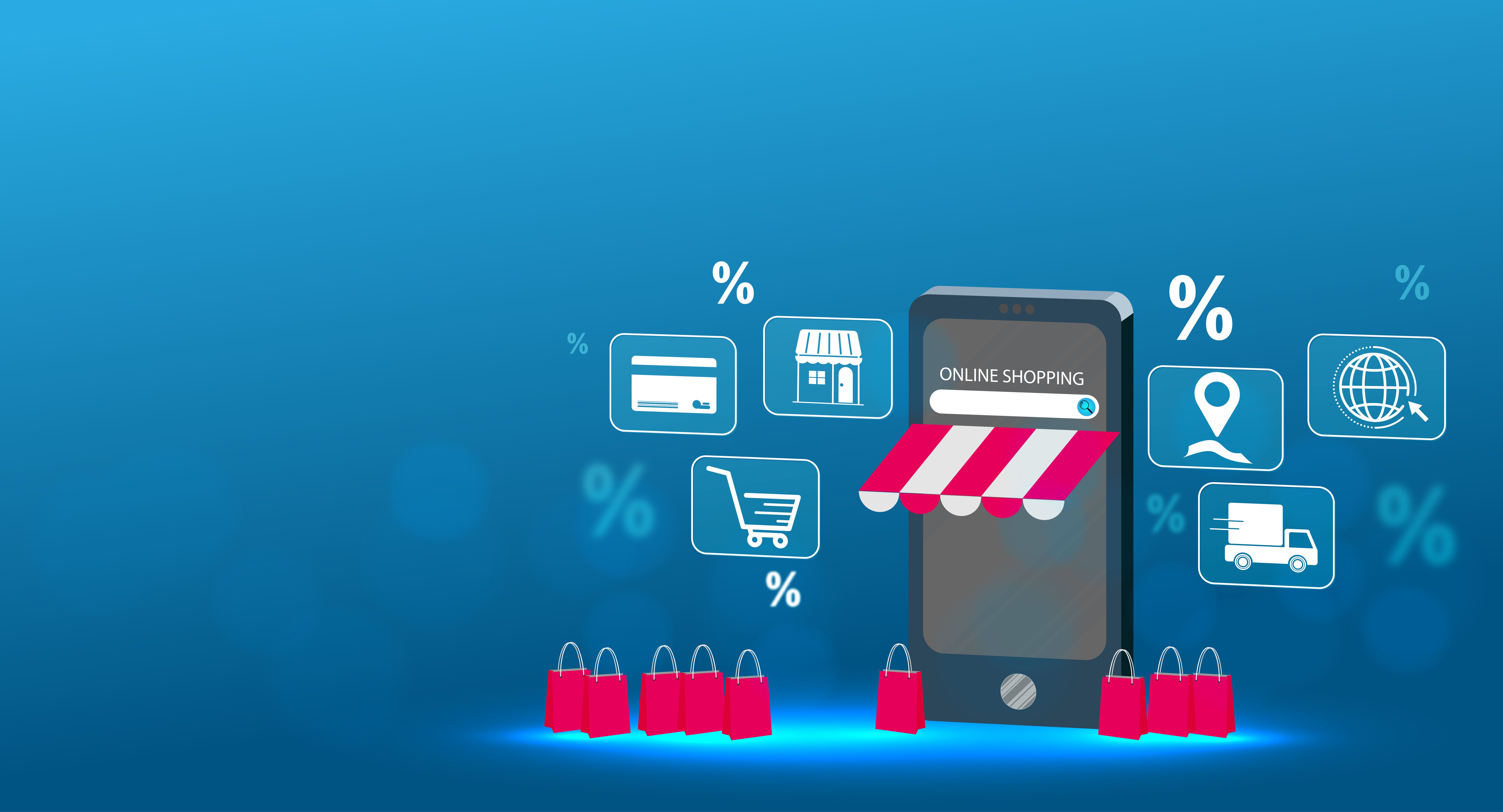 The concept of online shopping on social media app. 3d Smartphone with shopping bag, chat message, delivery, 24 hours.