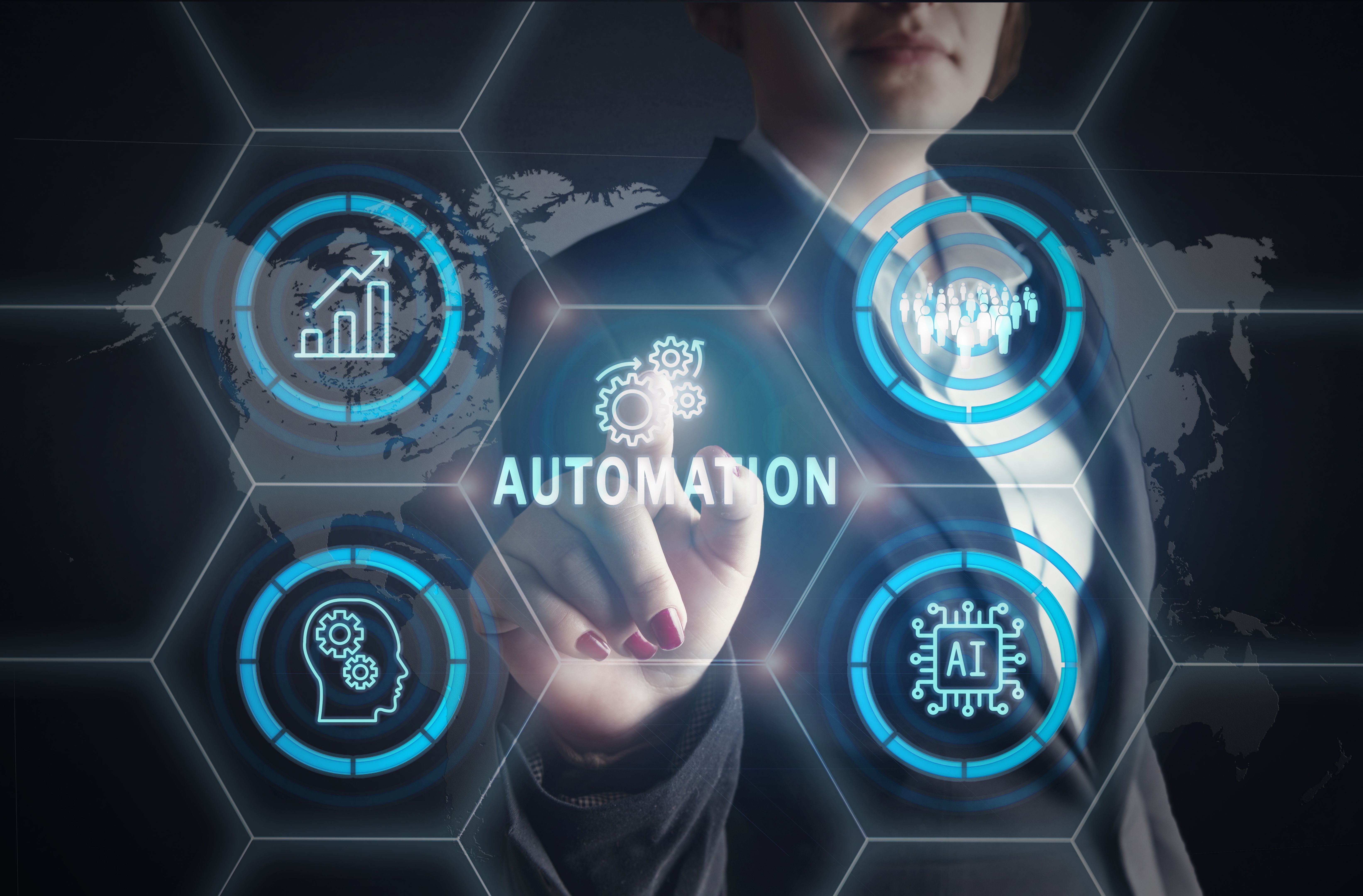 Automation software concept with businesswoman and artificial intelligence Automation software concept with businesswoman and artificial intelligence